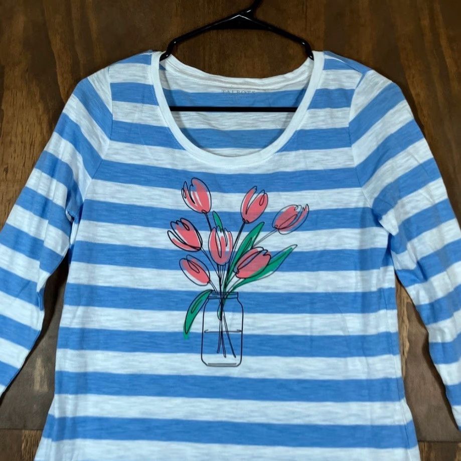 Talbots Talbots Blouse Shirt Striped Blue White 3/4 Sleeve Cotton Blend PS Petite Womens Casual Workwear Size S / US 4 / IT 40 - 2 Thumbnail