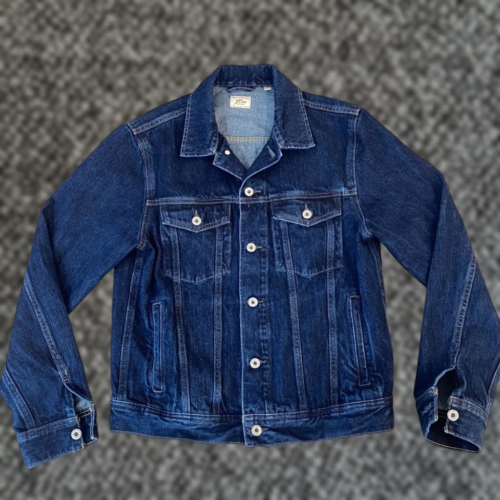 Denime J Crew Jacket Denim Trucker Mens Dark Wash Button-Down Short Length Blue Regular Size S | Casual Size US 29 - 1 Thumbnail