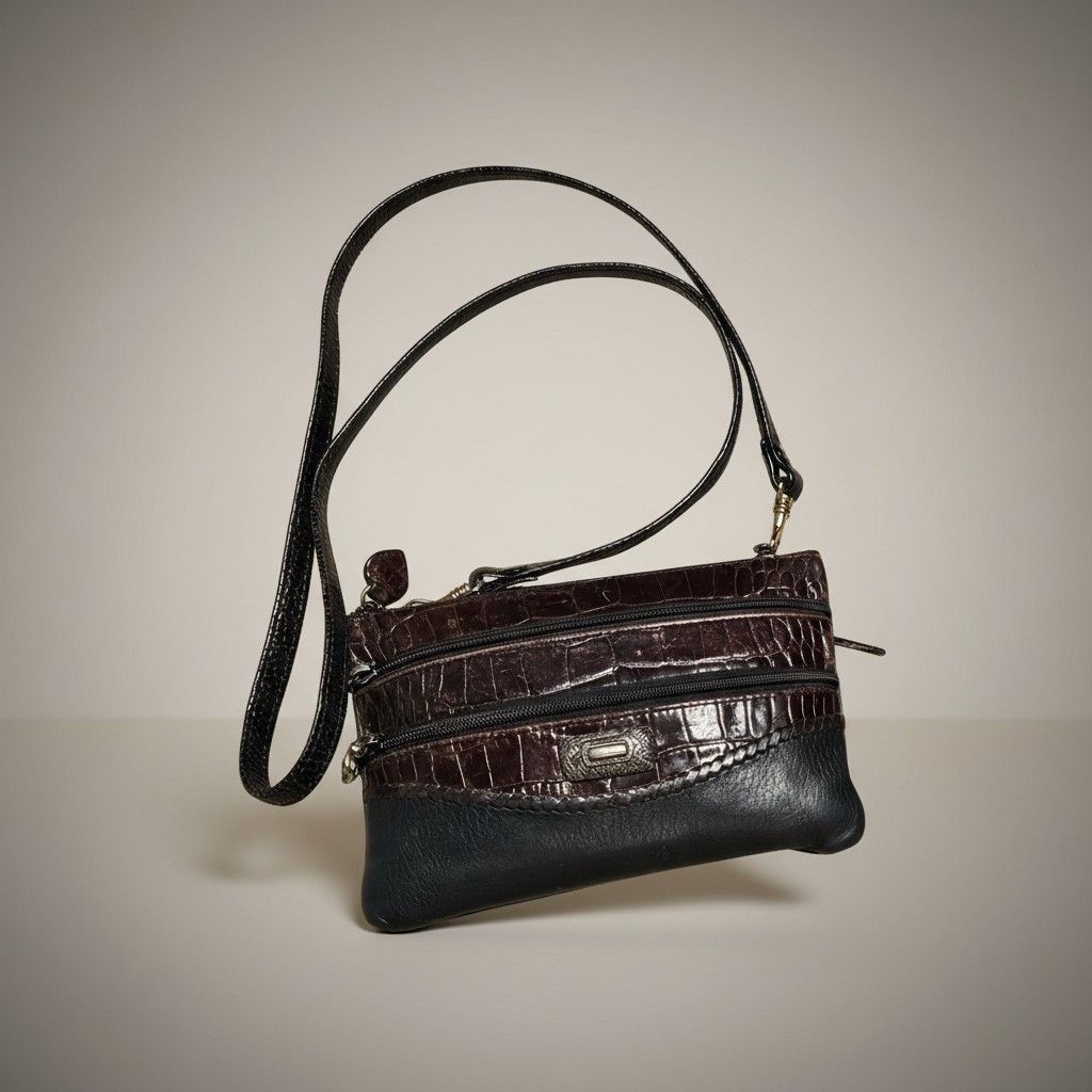 Brighton Black Brown Croc Embossed Leather Crossbody Bag, Women's