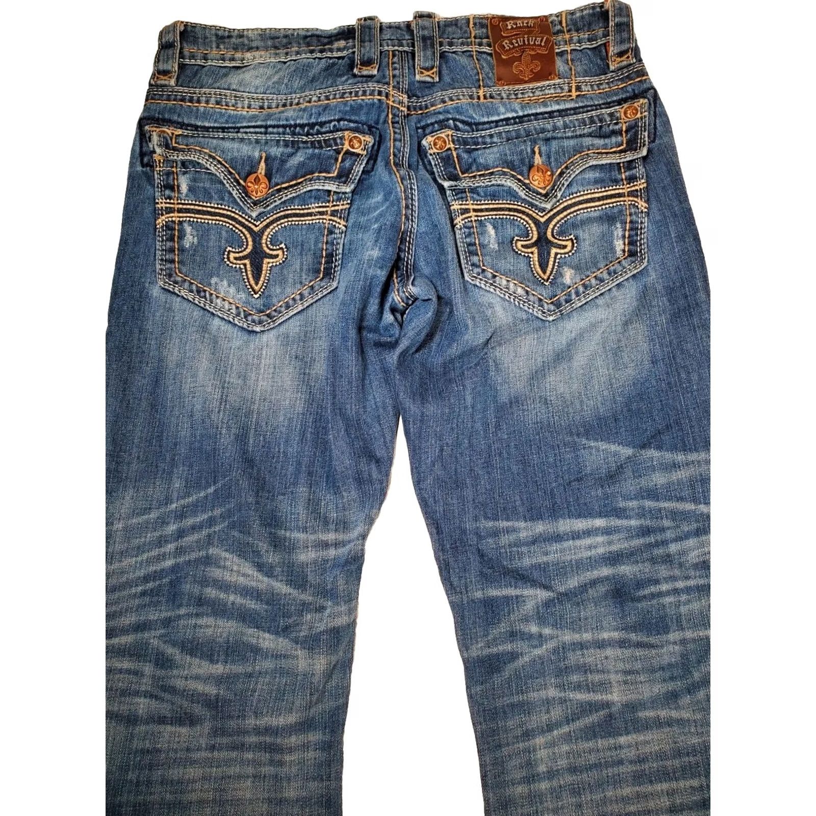 Vintage Rock Revival Xavier Straight Jeans Blue Distressed Embroidered Button Pockets Men's 33 Jeans Size US 33 - 3 Thumbnail