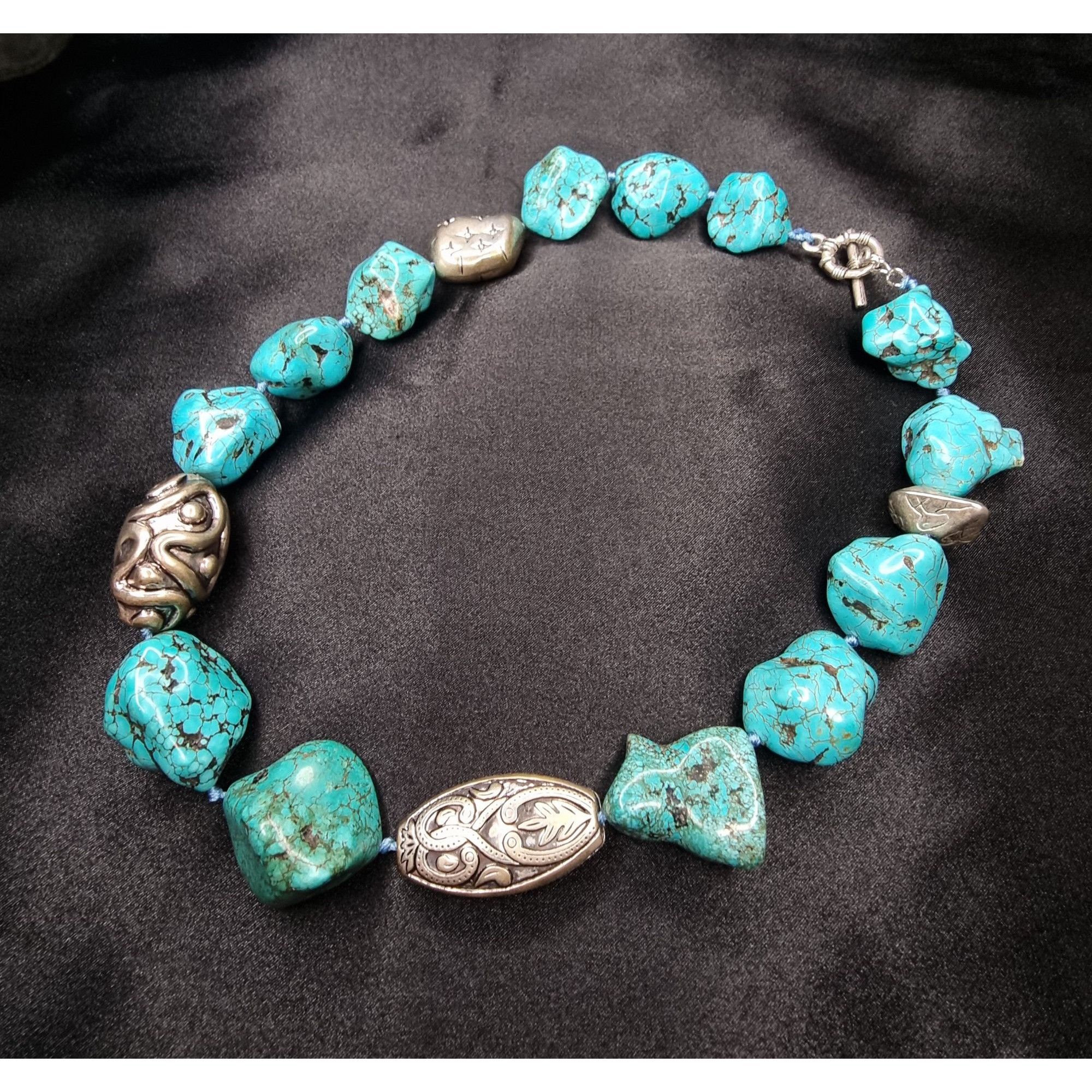 Vintage Chunky Turquoise & Silver Beaded Necklace With Toggle Clasp Size ONE SIZE - 3 Thumbnail