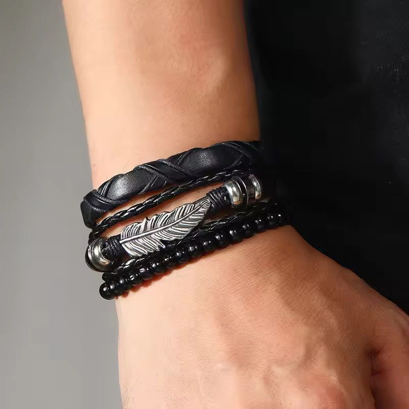 Leather Feather and Beads Adjustable Bracelet Size ONE SIZE - 1 Thumbnail