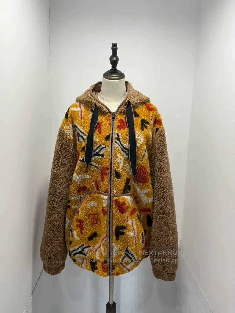 Fendi Faux Fur Teddy Patchwork Full Print Zip-Up Hoodie