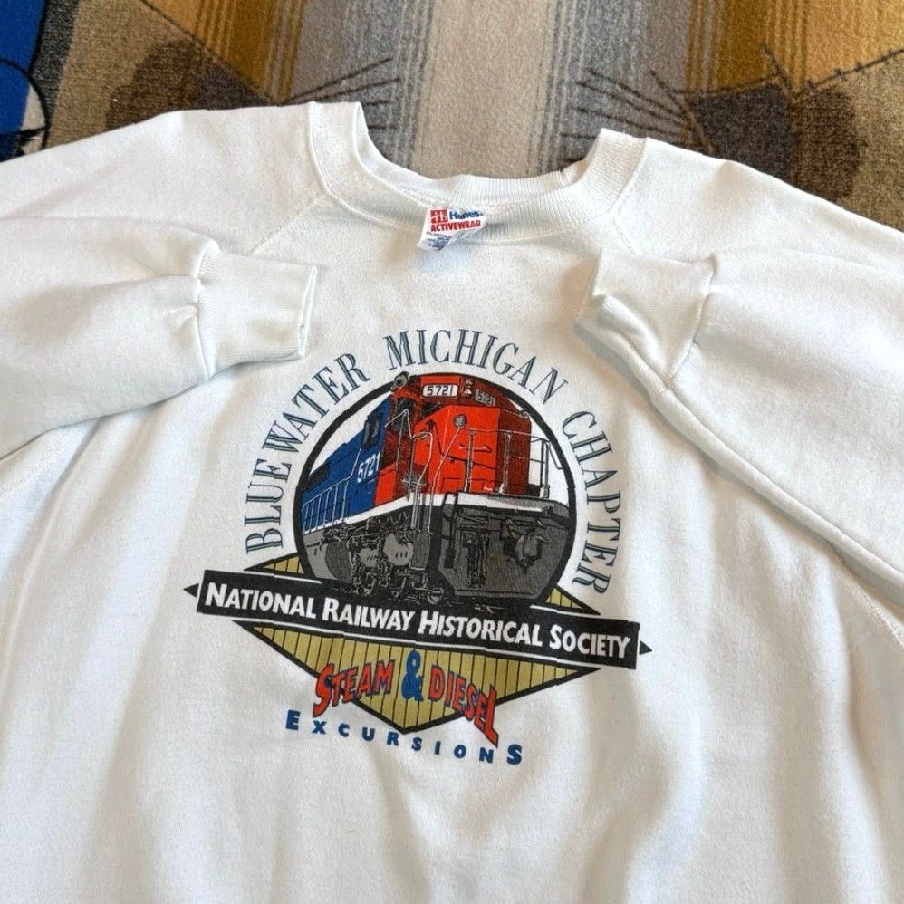 Hanes VINTAGE National Railway Historical Society Train Crewneck Sweatshirt XL Men Crew Neck 90s Trains Solid White Pullover Size US XL / EU 56 / 4 - 2 Thumbnail