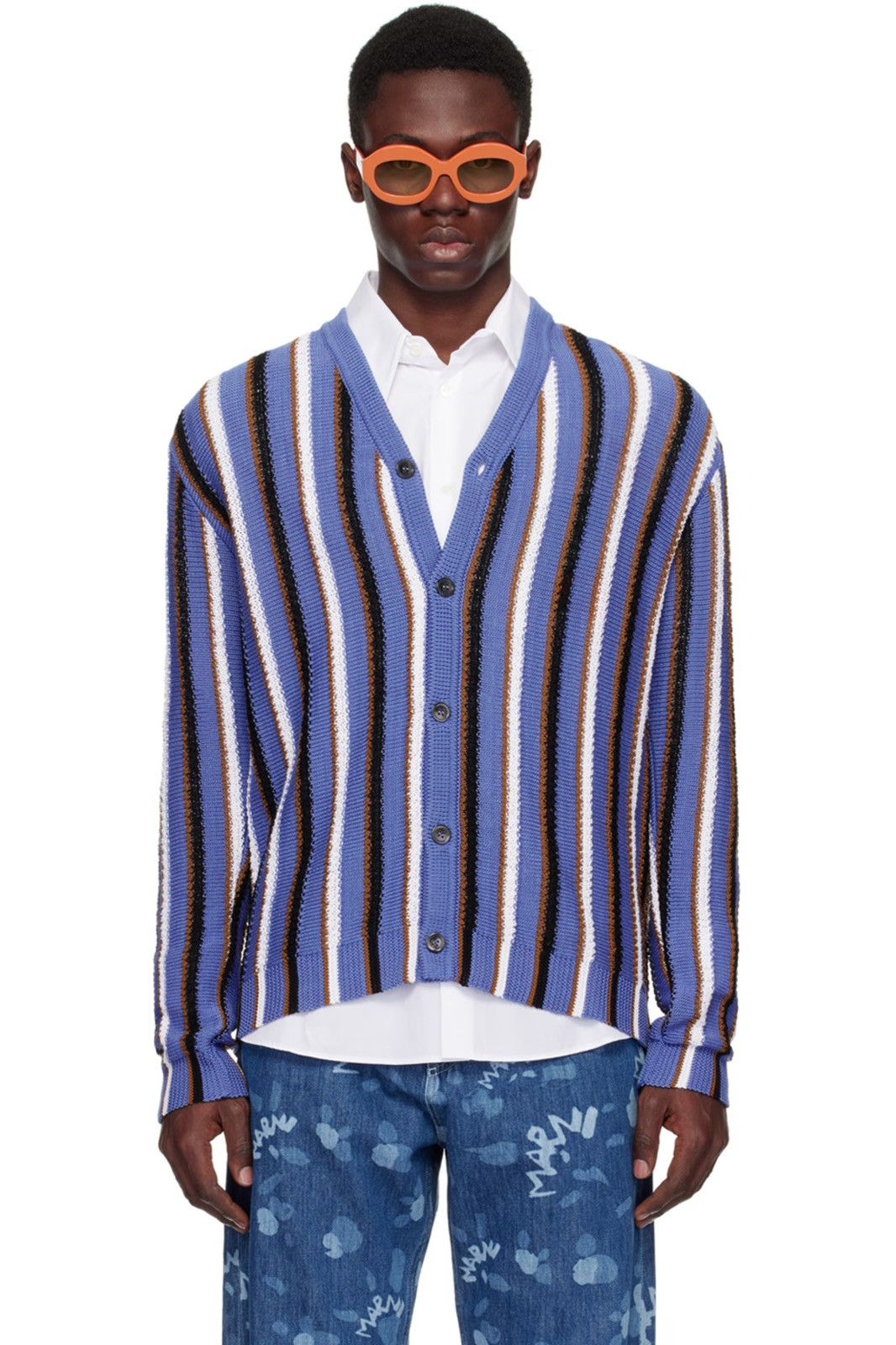 Marni 50 Blue & White Striped Crochet Knit Gauge Cardigan Sweater Size US M / EU 48-50 / 2 - 1 Thumbnail