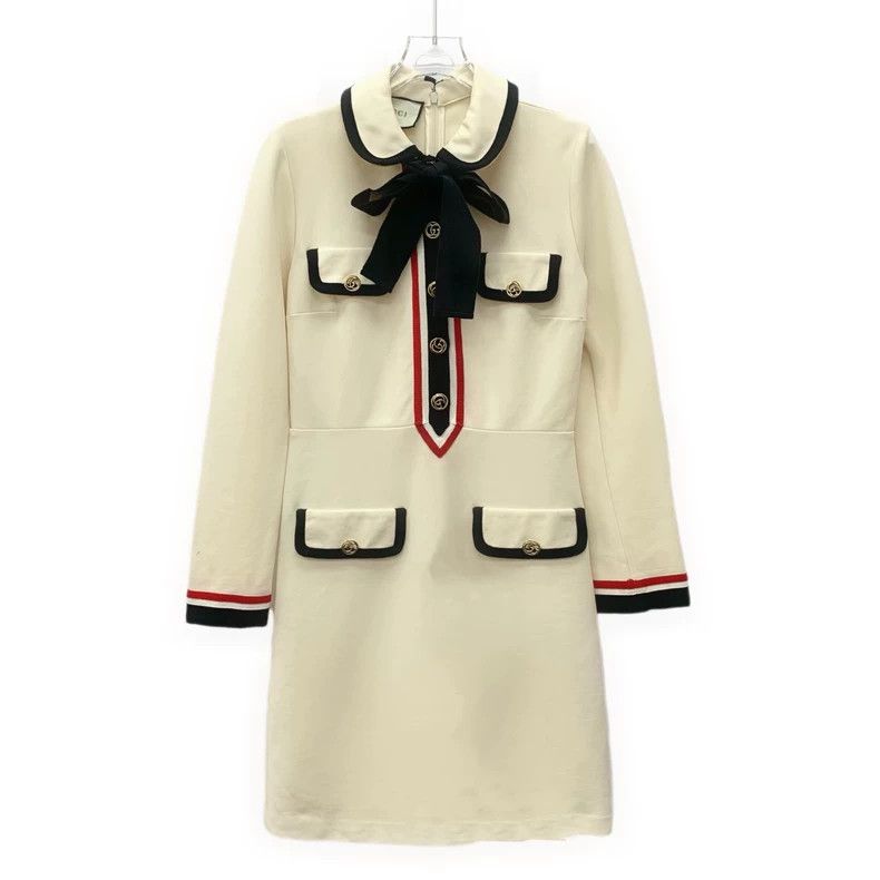 Gucci Beige striped tie bow doll collar long-sleeved dress