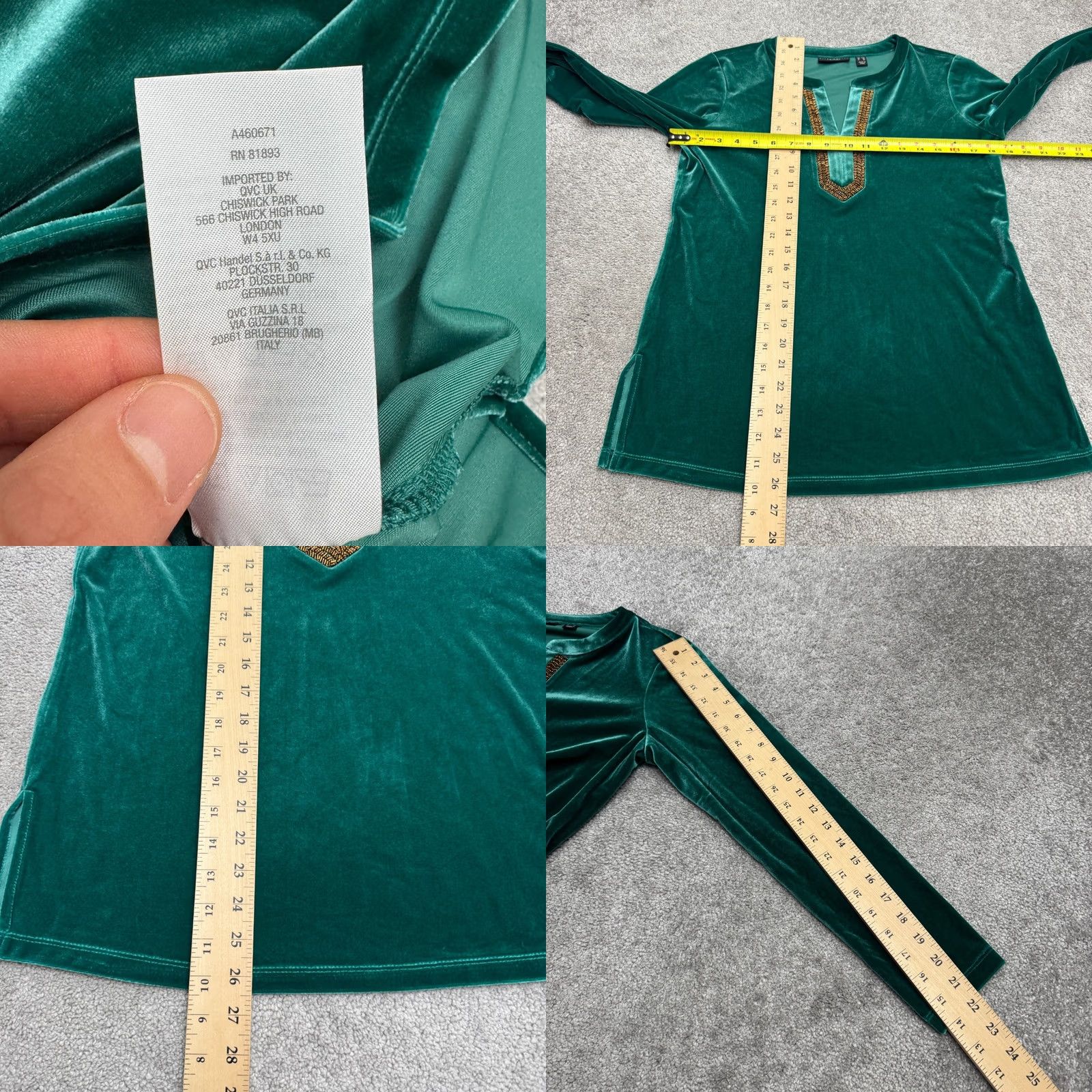 Vintage Susan Graver Blouse Tunic Womens XSP Emerald Green Velvet Beaded V-Neck Long Sleeve Bohemian Pattern Solid Striped? Size XS / US 0-2 / IT 36-38 - 8 Thumbnail