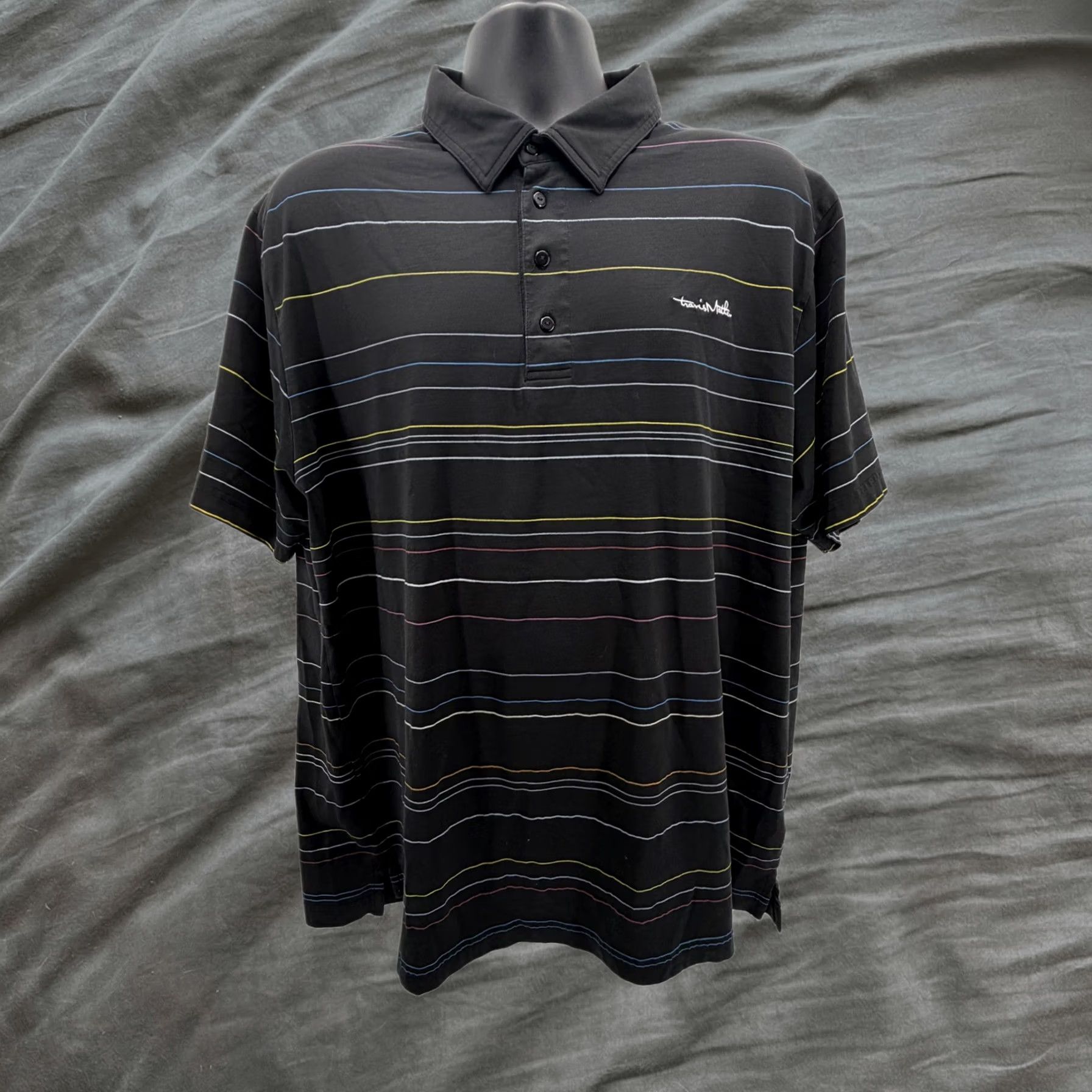 Travis Mathew Polo Shirt Mens 2XL Black Multi Color Striped Short Sleeve Golf, Men's (Size Xxl)