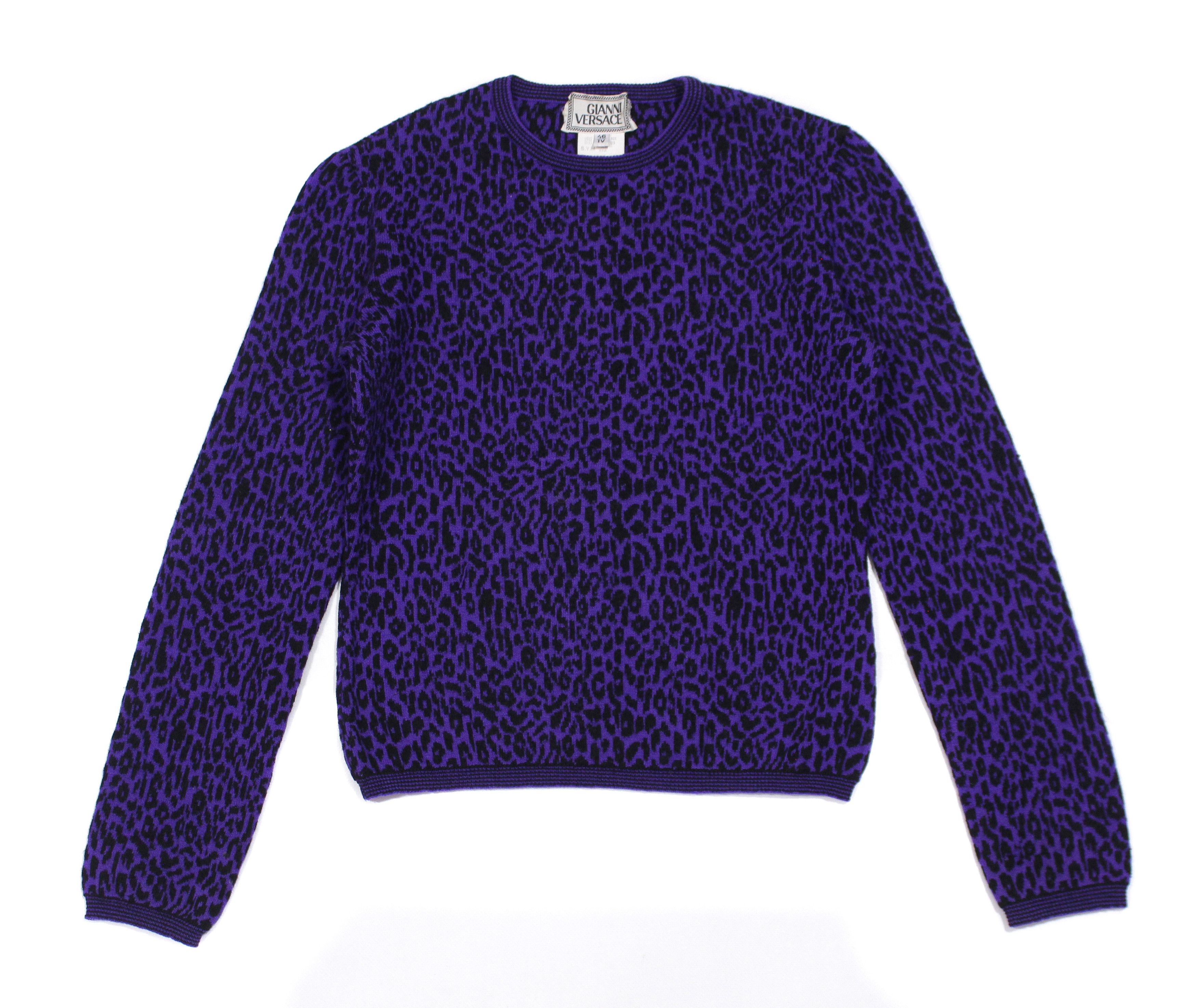 Versace 90S Violet Leopard Camo Wool Knit Vintage Size L / US 10 / IT 46 - 1 Thumbnail