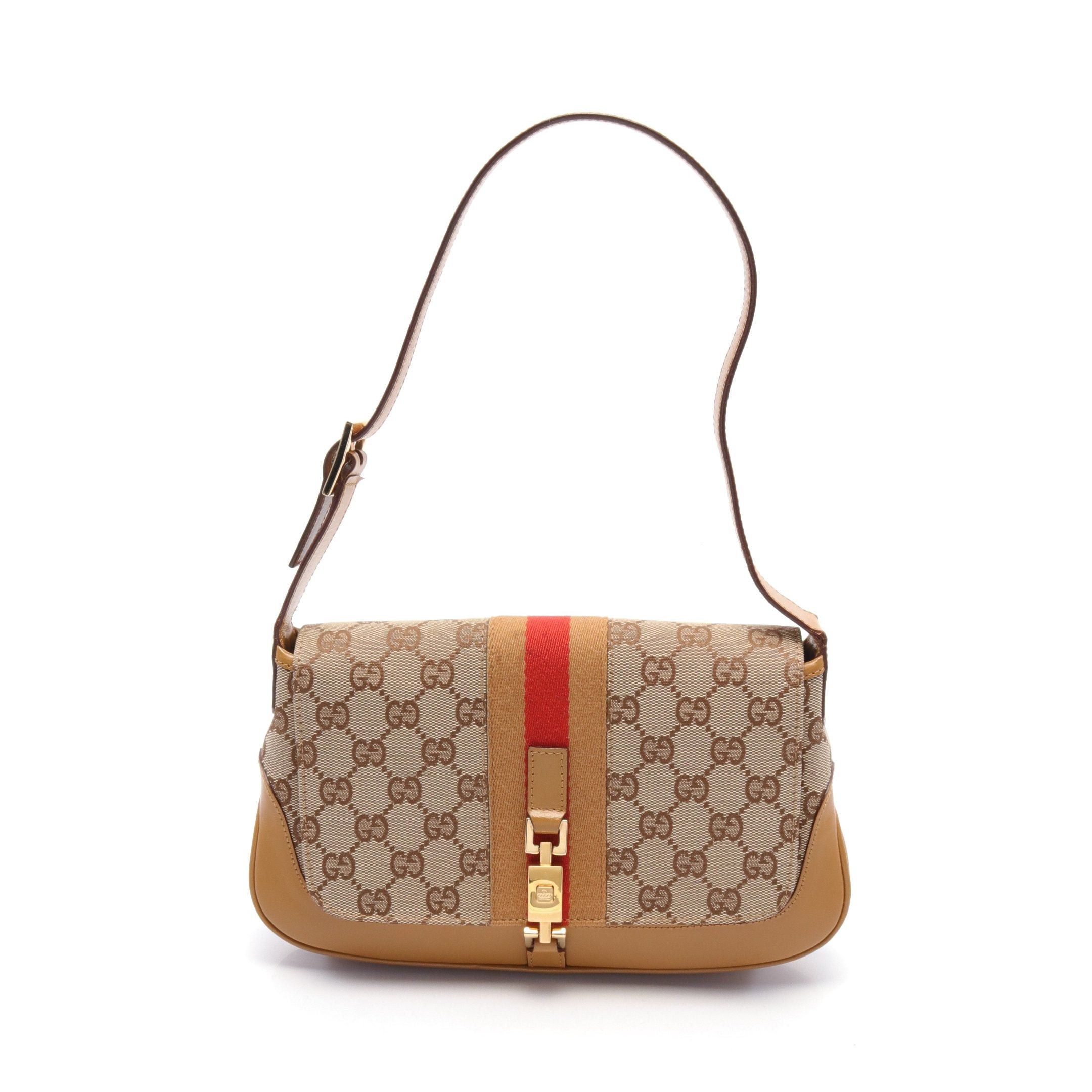 image of Gucci Jackie Webbing Line One Shoulder Bag Canvas Leather Beige Brown Red, Women's