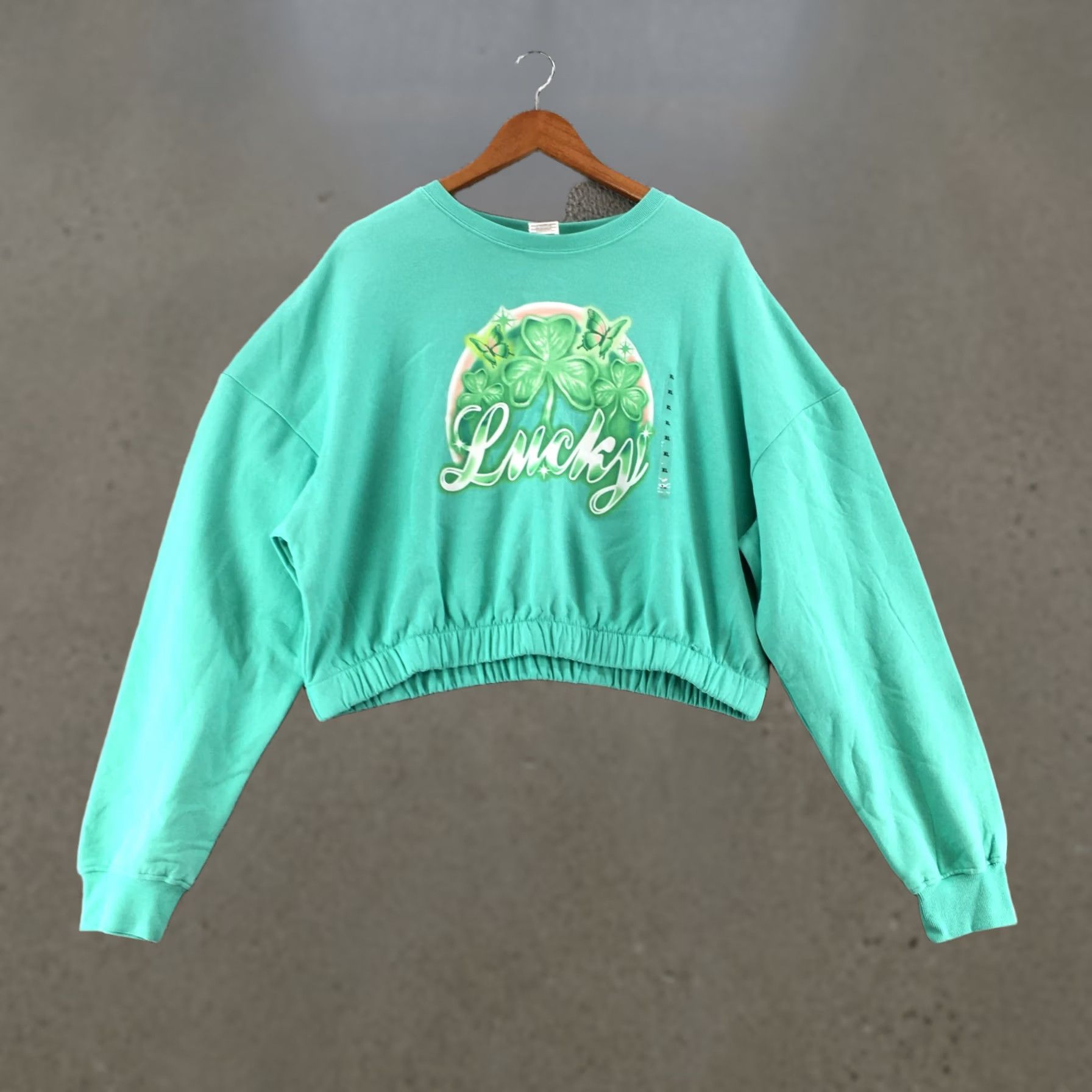 Lucky Brand IML Lucky Clover Leaf Cropped Sweatshirt Womens XL Green Elastic Waist Bant NWT Size XL / US 12-14 / IT 48-50 - 1 Thumbnail