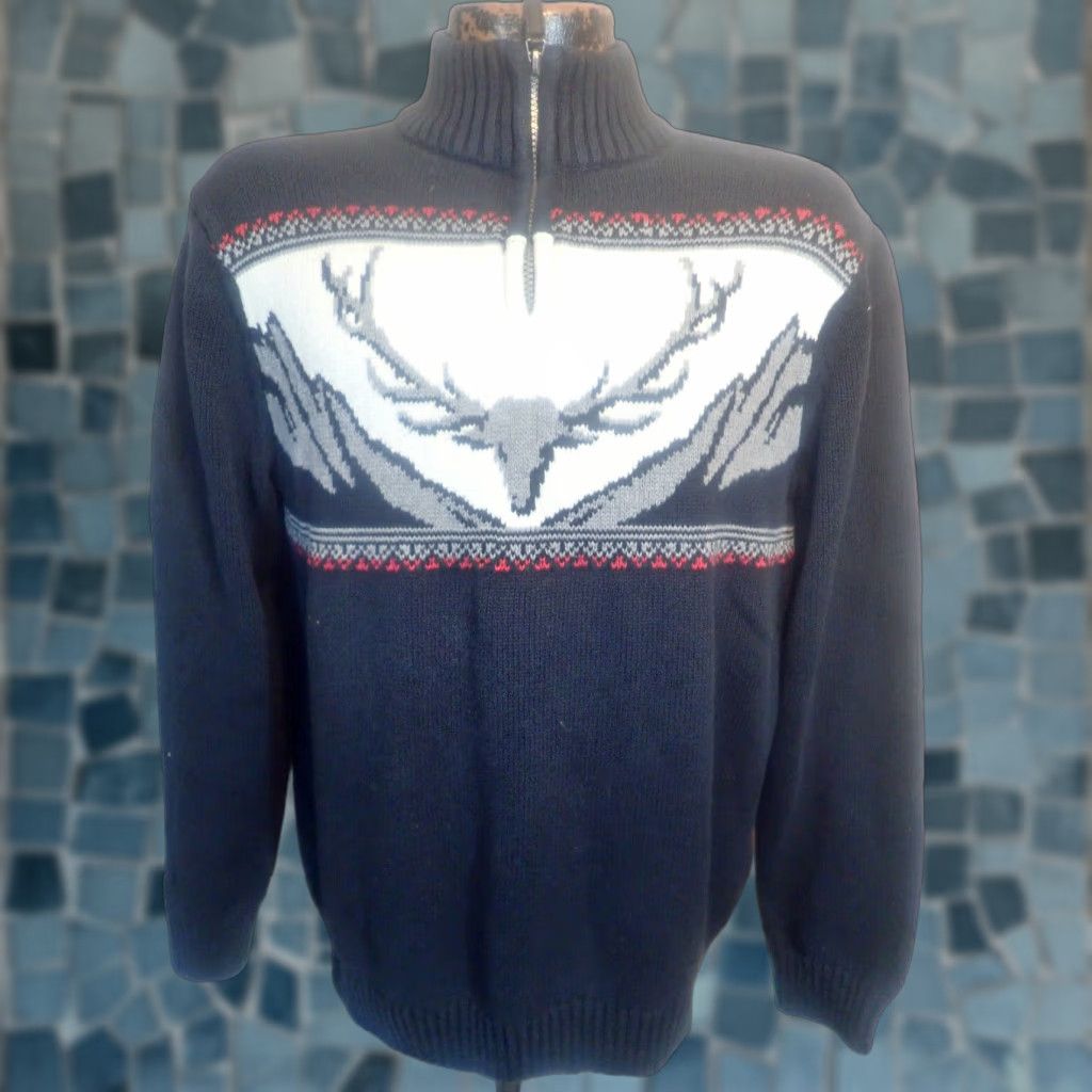 Chaps VINTAGE Women's Cotton Sweater Pullover 1/4 Zip Elk Skull Deer Southwestern Animal Print All Seasons Large Size L / US 10 / IT 46 - 1 Thumbnail