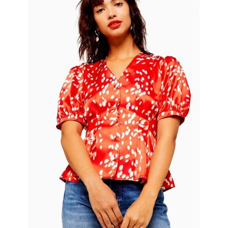 Topshop Topshop Dalmation Print Red Satin Pleated Blouse, 12 Size XL / US 12-14 / IT 48-50 - 1 Thumbnail