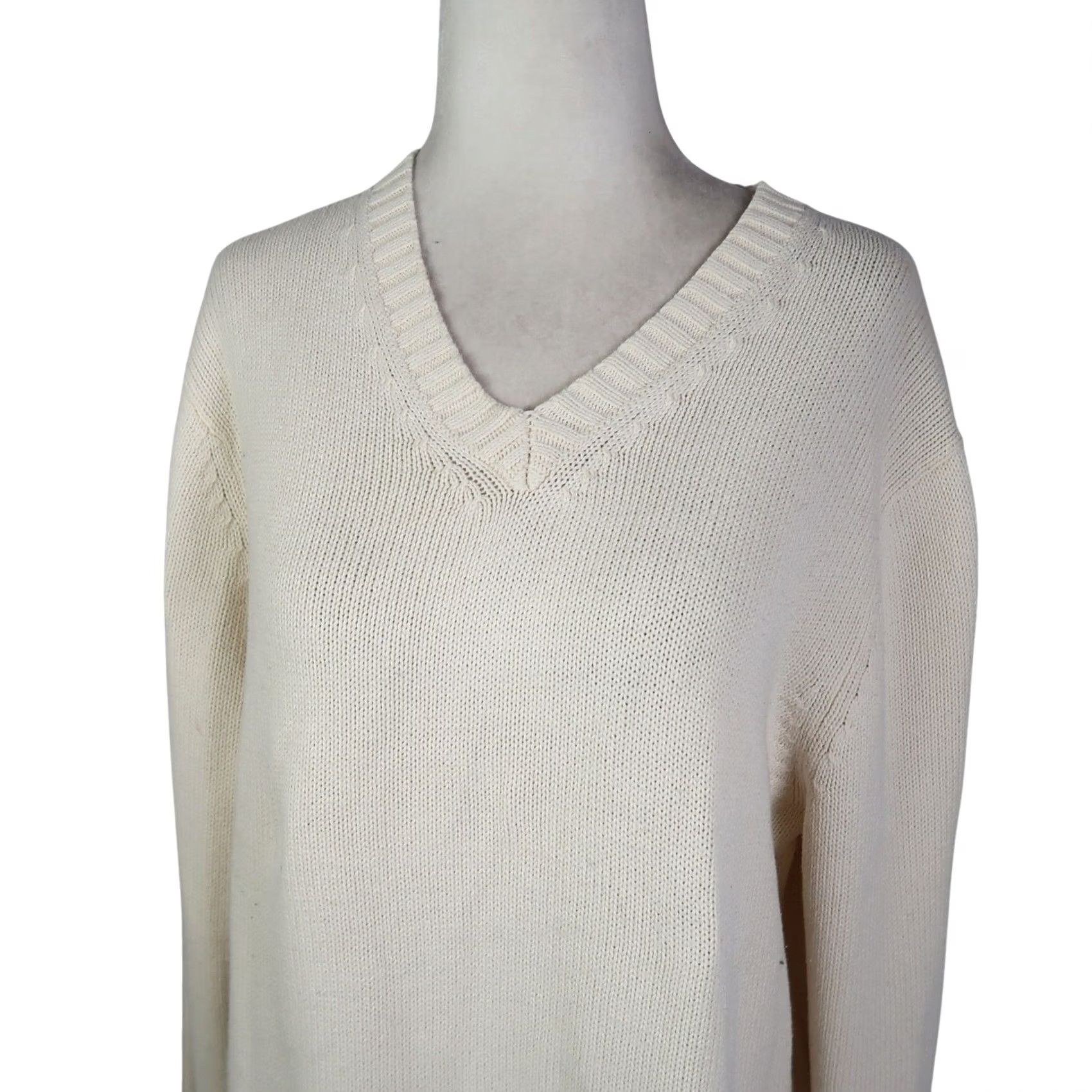 Eddie Bauer Eddie Bauer Cotton V-Neck Sweater Womens M Cream Pullover Knit Long Sleeve Solid Casual Knit 100% Cotton V-Neck Womens M Size M / US 6-8 / IT 42-44 - 2 Thumbnail