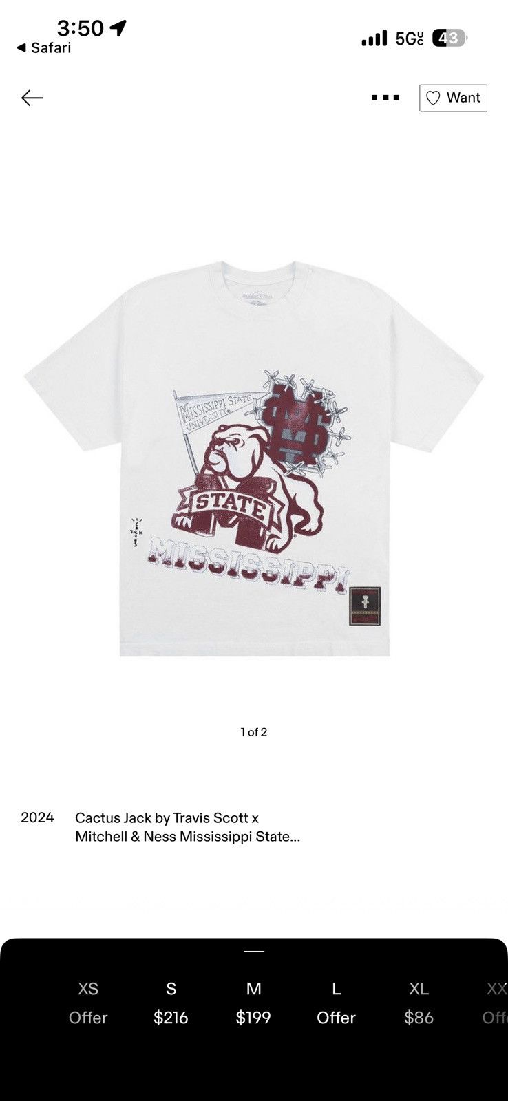 Mitchell & Ness × Travis Scott NEW Travis Scott x Mitchell & Ness Miss. State T-Shirt Size US M / EU 48-50 / 2 - 7 Thumbnail