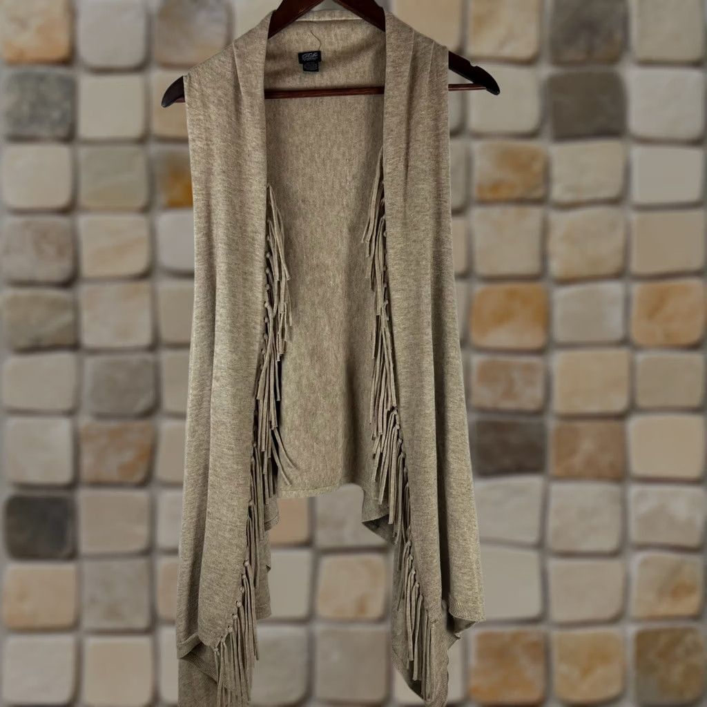Vintage Roffe Accessories Vest Womens One Size Beige Fringe Women Tan Heathered Knit Open Front Boho Size ONE SIZE - 1 Thumbnail