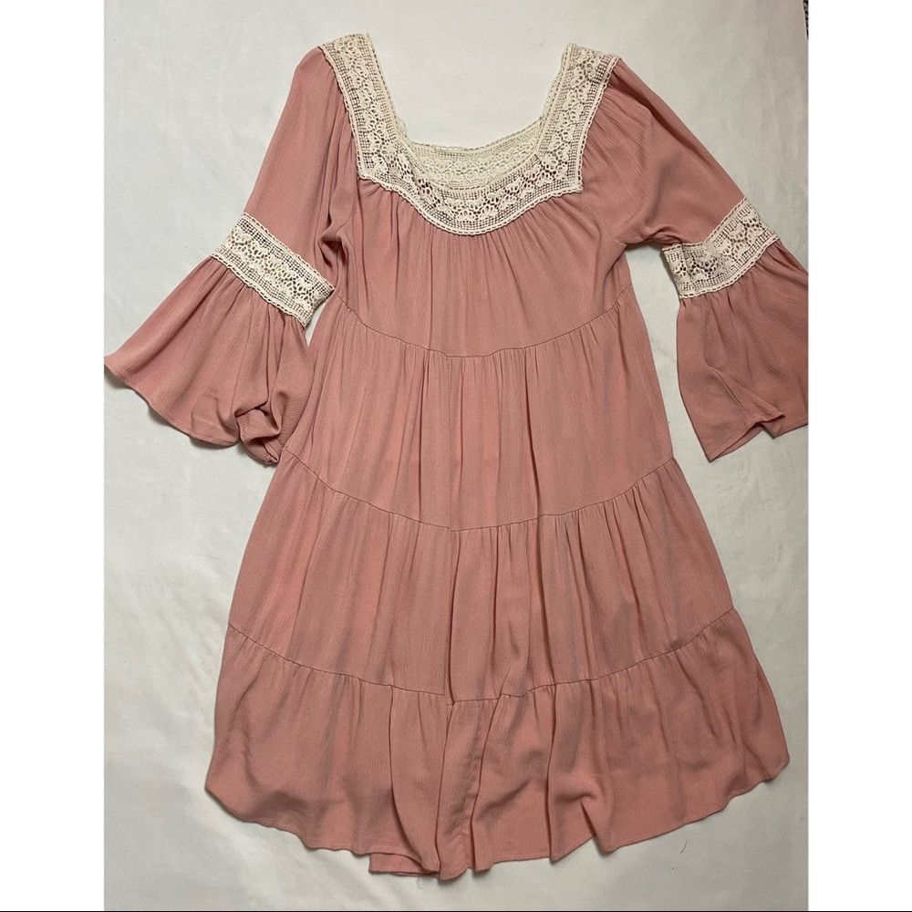 Other My Story Peach Tiered Bell Sleeve Crochet Trim Dress Size L Size L / US 10 / IT 46 - 6 Thumbnail