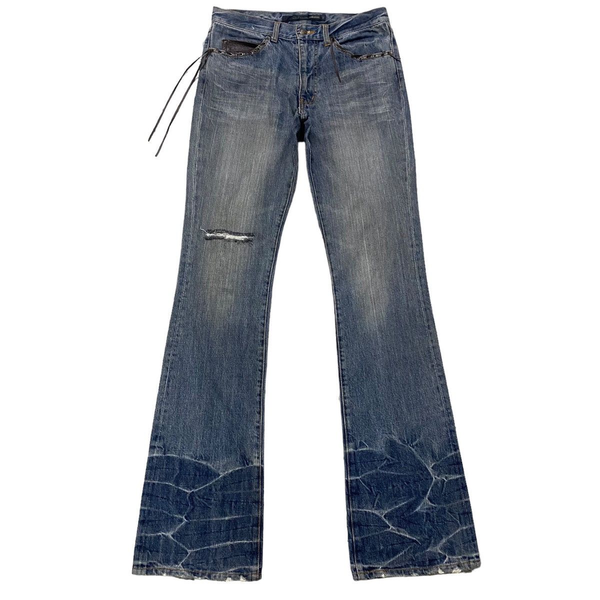 Japanese Brand SCHLUSSEL Low Rise Leather Lace Denim Flare Jeans Size US 30 / EU 46 - 2 Thumbnail