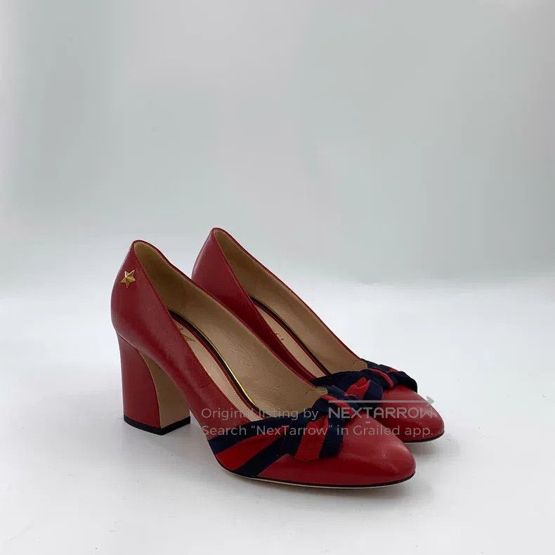 Gucci Gucci Red leather bow thick-heeled high-heeled shoes Size US 8.5 / IT 38.5 - 2 Thumbnail