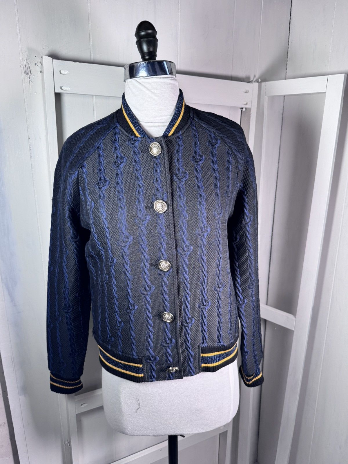 3.1 Phillip Lim VARSITY BOMBER Brocade Cable Print Black/Blue/Gold Size. Size XS / US 0-2 / IT 36-38 - 2 Thumbnail