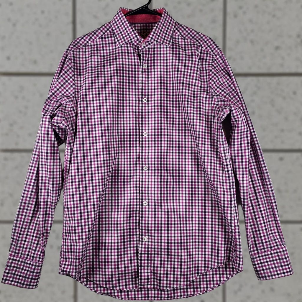 BUGATCHI Bugatchi Uomo Men’s 100% Cotton Pink Purple Check Button-Down Shirt Slim Fit Shirt L Pink Purple Check Men’s Shirt 15.5 Neck Mens Regular Fit Bant Size US L / EU 52-54 / 3 - 1 Thumbnail