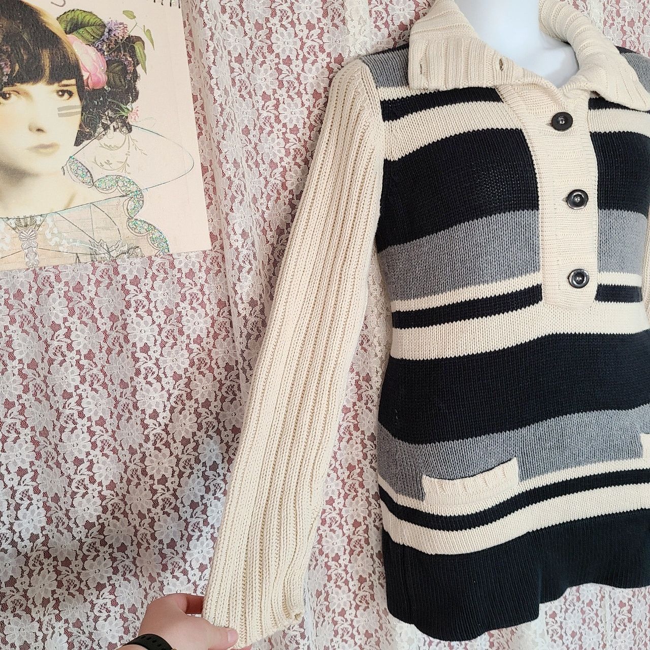 Lacoste vintage 90s Lacoste cream grey blackknit sweater medium Size US M / EU 48-50 / 2 - 5 Thumbnail