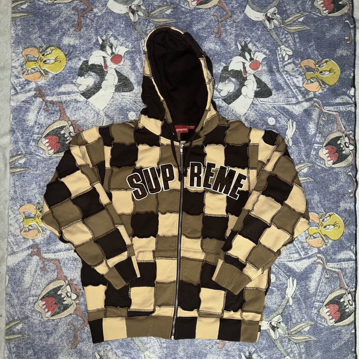 image of Supreme Reverse Patchwork Zip Up Hooded Sweatshirt Brown in Brown/Tan, Men's (Size Small)