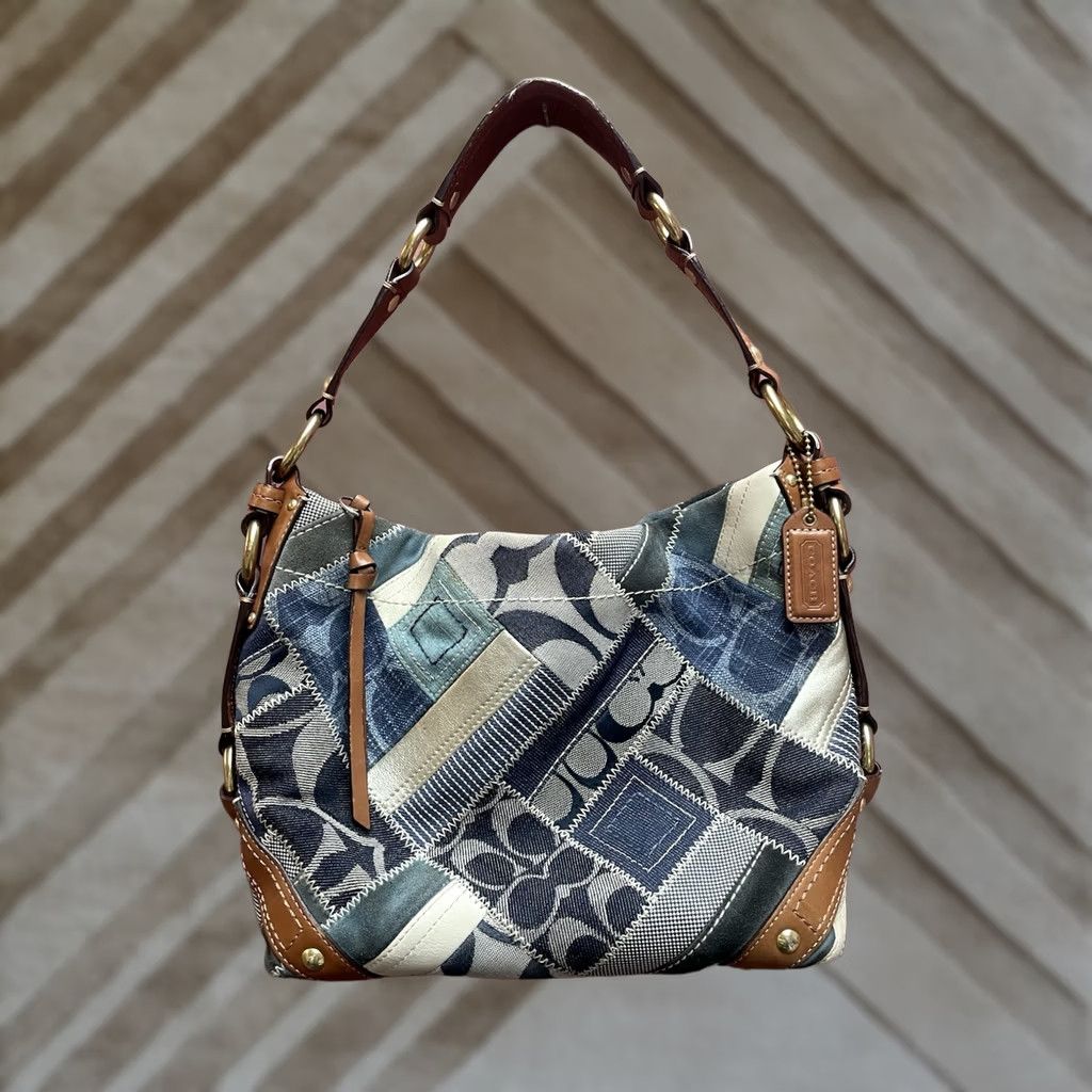 Coach COACH Carly Denim Patchwork Hobo Bag Shoulder Bag Tan Leather Denim 12215 Y2K Women’s Leather Lining Cars Theme Size ONE SIZE - 1 Thumbnail