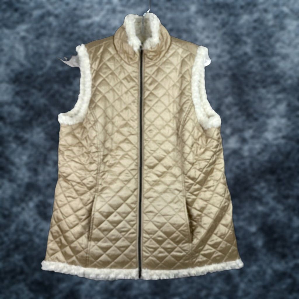 Vintage D & CO. Denim Company Vest Womens S Gold Cream Sherpa Fleece Reversible Pockets Size S / US 4 / IT 40 - 1 Thumbnail