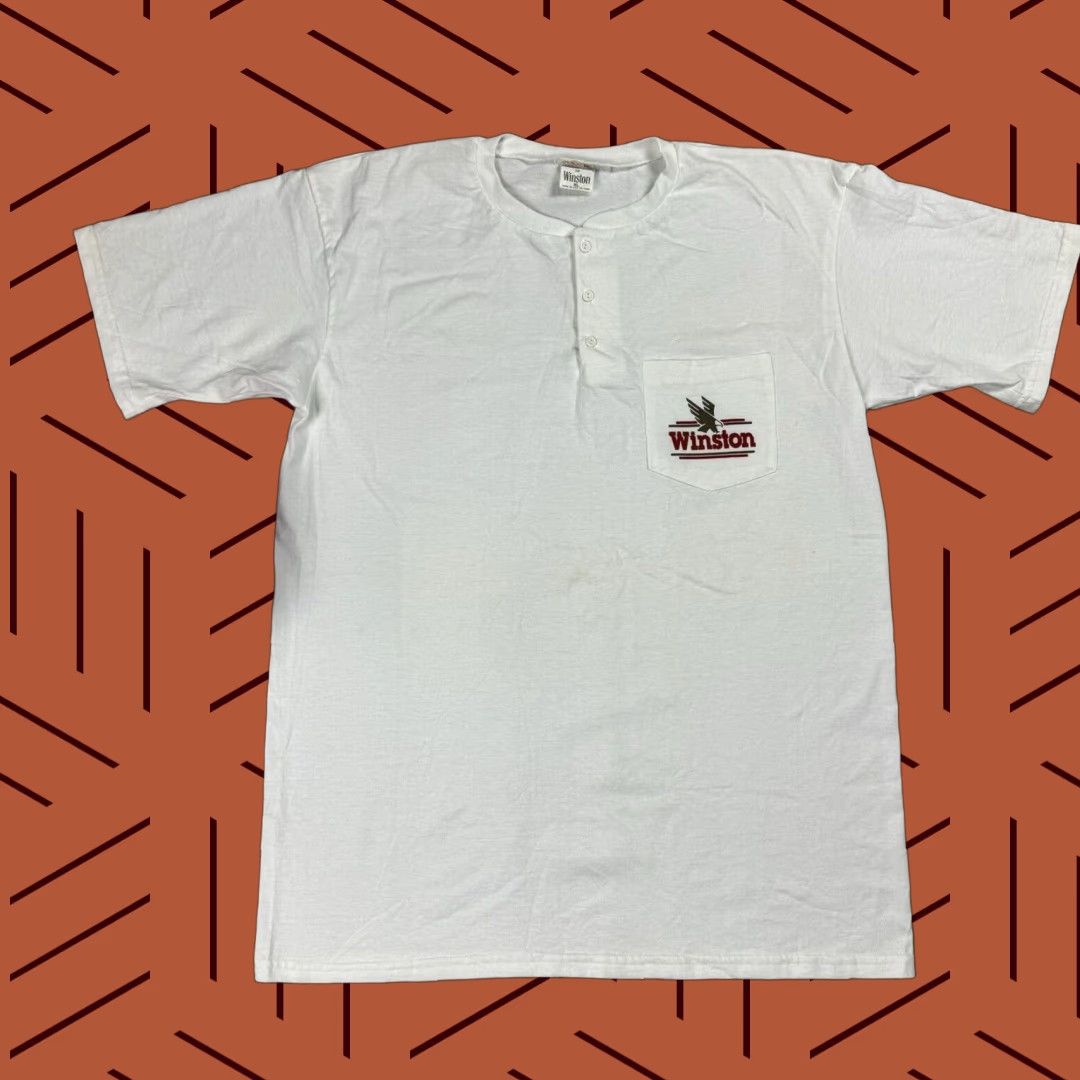 Vintage VINTAGE WINSTON CIGARETTES 90s HENLEY T-SHIRT XL WHITE POCKET USA MADE MENS Size US XL / EU 56 / 4 - 1 Thumbnail