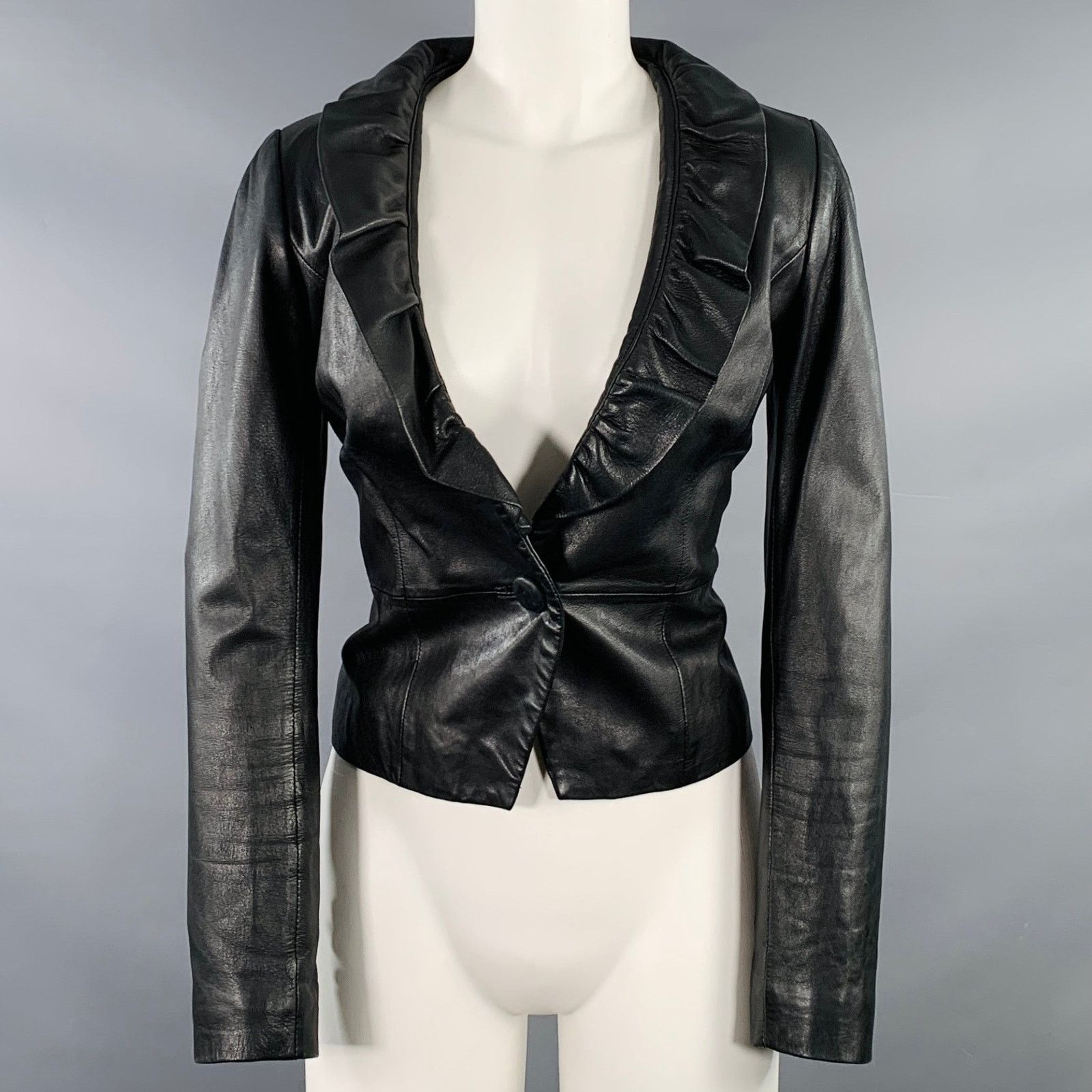 MILLY MILLY Size S Black Lambskin Leather Ruffle Jacket Size S / US 4 / IT 40 - 1 Thumbnail