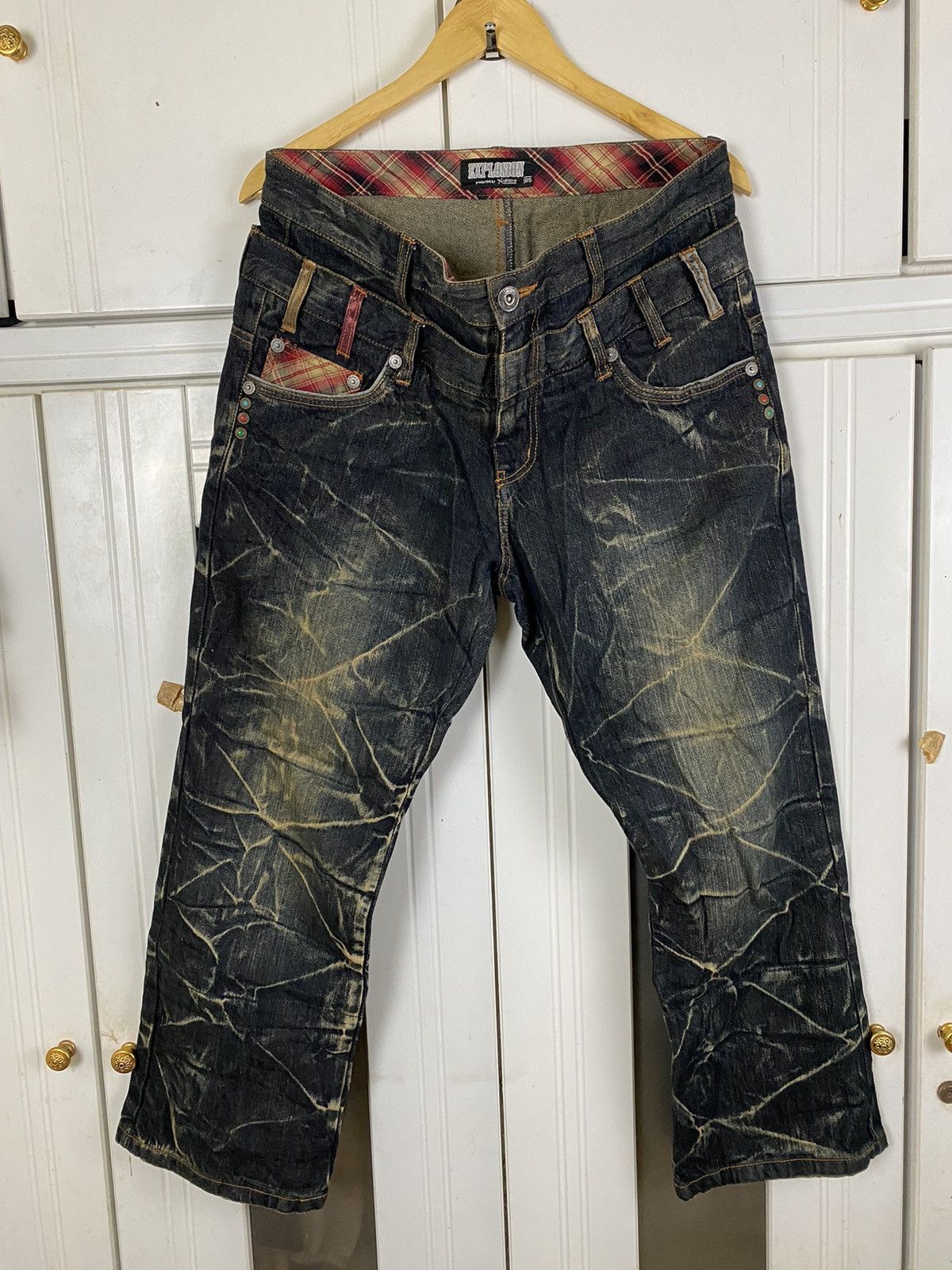 image of Vintage Japan Denim Double Waist Flared Explosion By Nylaus in Black, Men's (Size 36)