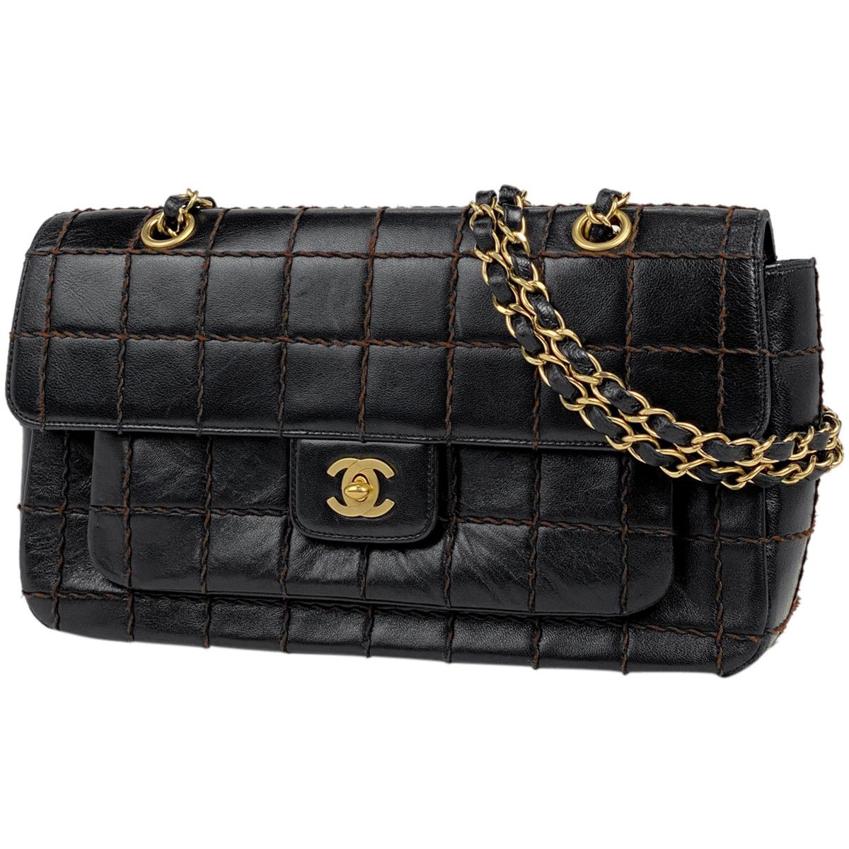 Chanel Chocolate Bar Chain Shoulder Bag Leather Black