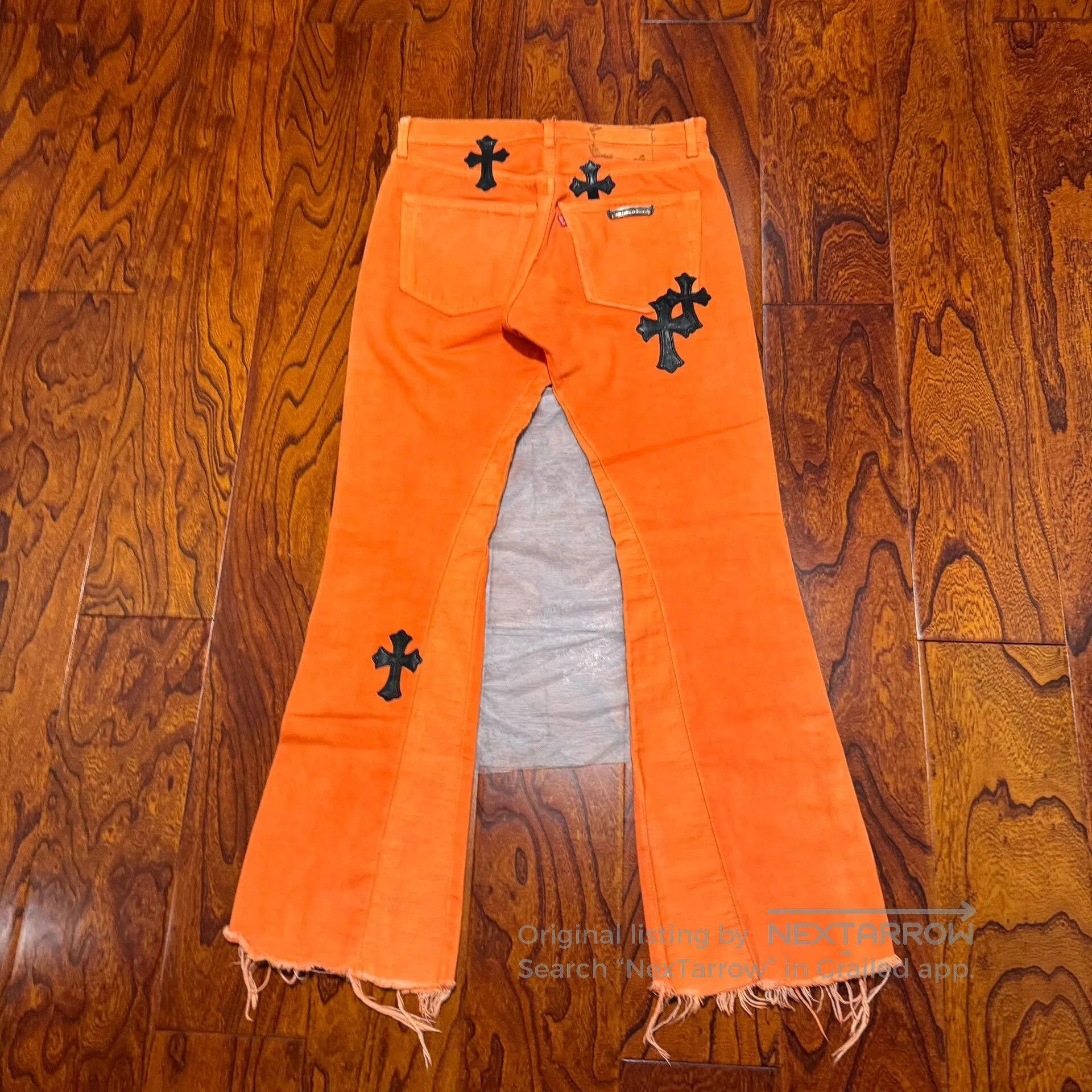 Chrome Hearts orange flared jeans with black crosses. Size 28" / US 6 / IT 42 - 2 Thumbnail