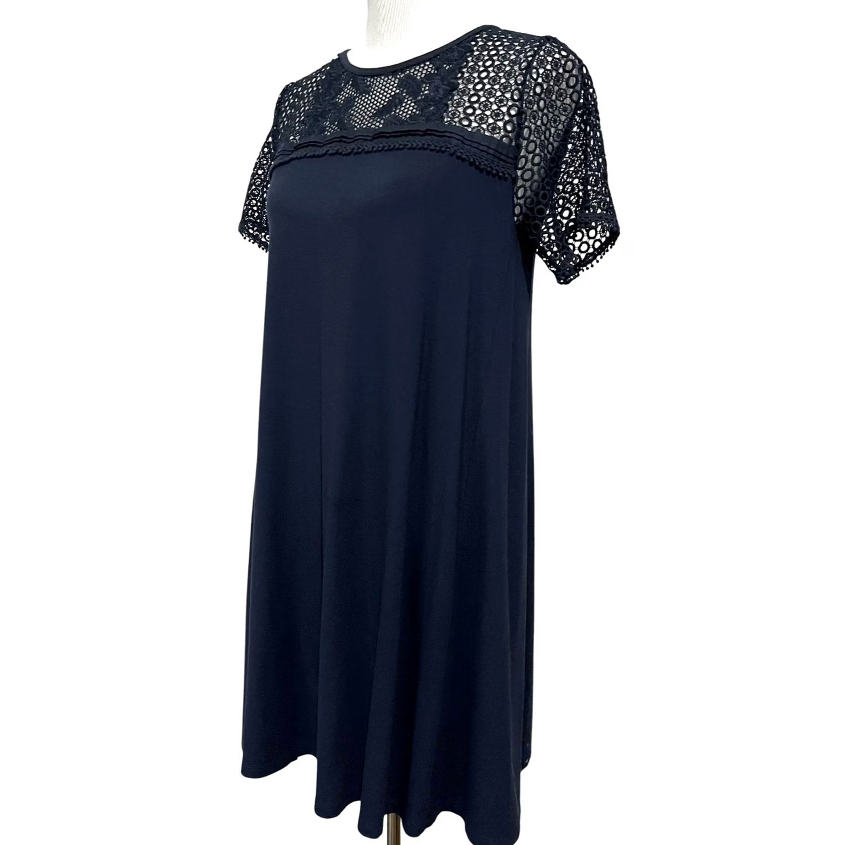 Ann Taylor Ann Taylor Loft Dress Womens Small Navy Blue Swing Lace Shoulders & Sleeves Size S / US 4 / IT 40 - 3 Thumbnail