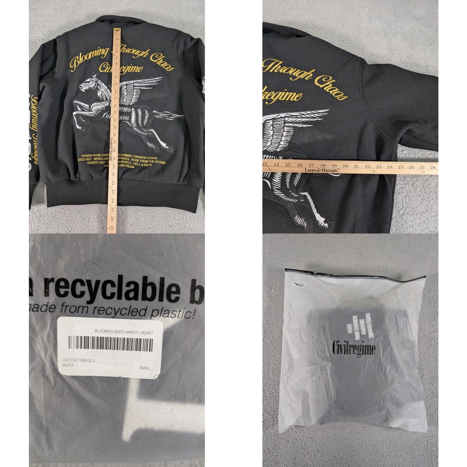 Vintage Civil Regime Blooming Skies Varsity Jacket Mens Small Black Embroidered Pegasus Chaos Logo Button Pockets Lined Insulated All Seasons Casual Travel Size US S / EU 44-46 / 1 - 8 Thumbnail