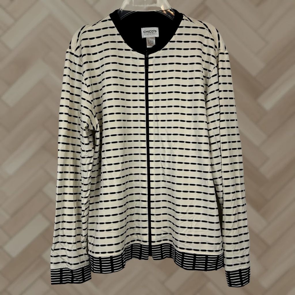 Vintage Chico's Shirt Jacket Women Small Zip Black Slinky Liquid Knit Knit Jacket Geometric Pattern Long Sleeve Casual Travel Everyday Modern Size S / US 4 / IT 40 - 1 Thumbnail