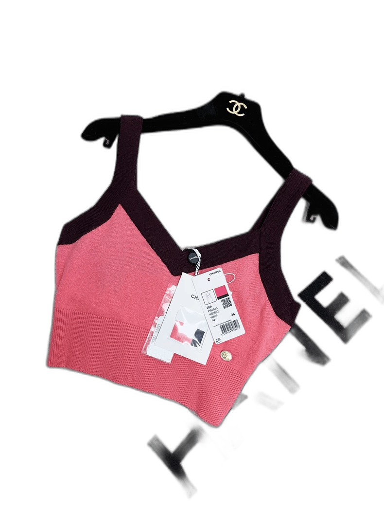 Chanel Pink Brown Trim Knit Camisole Top
