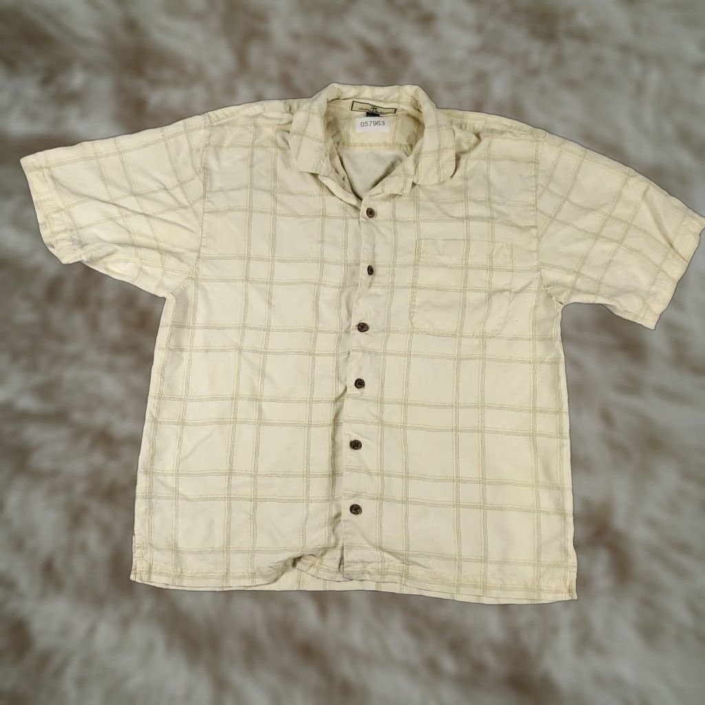Tommy Bahama Tommy Bahama Silk Hawaiian Shirt Mens Large Beige Plaid Short Sleeve Button-Up Aloha Classic Size US L / EU 52-54 / 3 - 1 Thumbnail