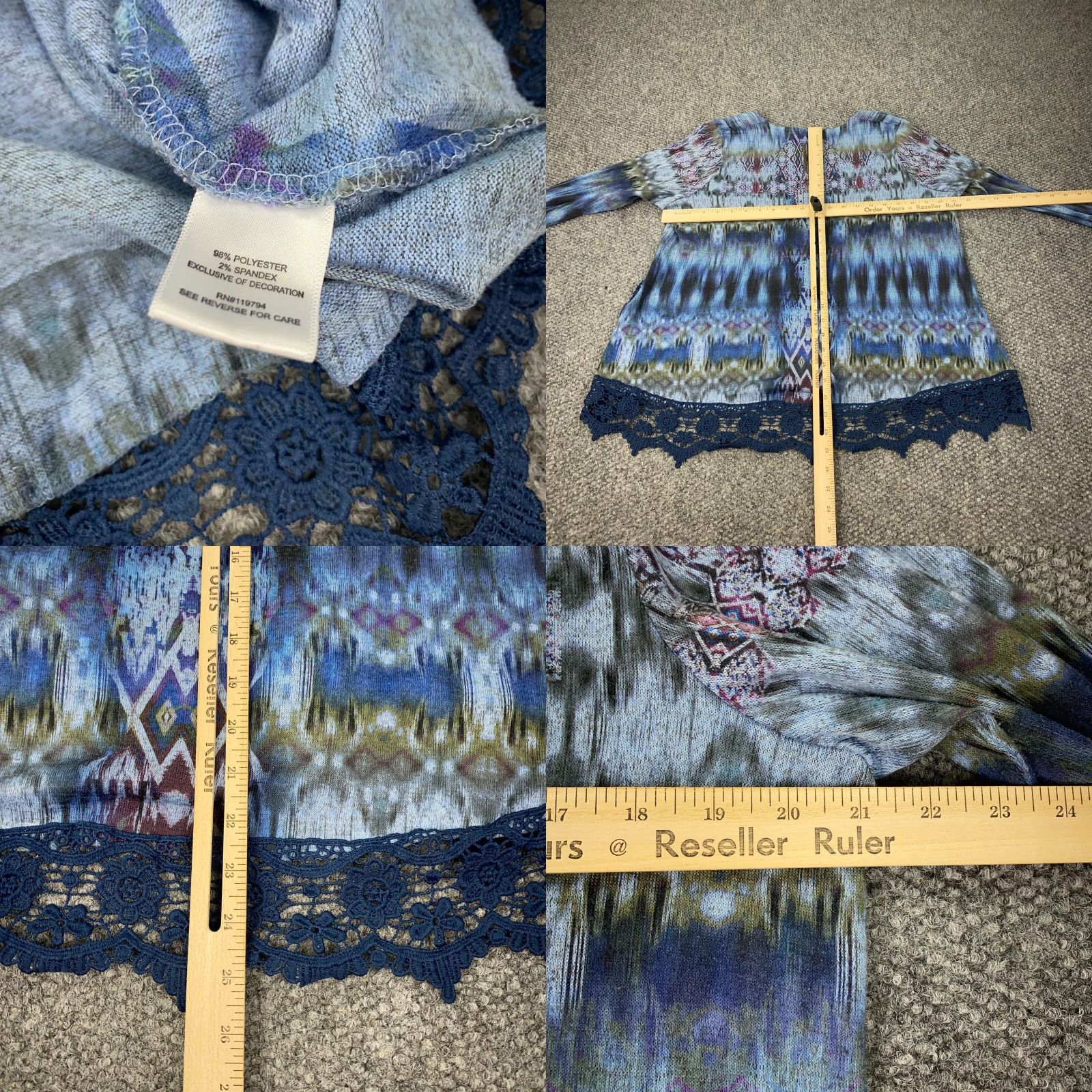 Vintage World Unity Shirt 1X Blue Bohemian Hippie Tie Dye Lace Geometric 3/4 Sleeve Round Neck Pullover Blouse Tunic Women Size XL / US 12-14 / IT 48-50 - 8 Thumbnail