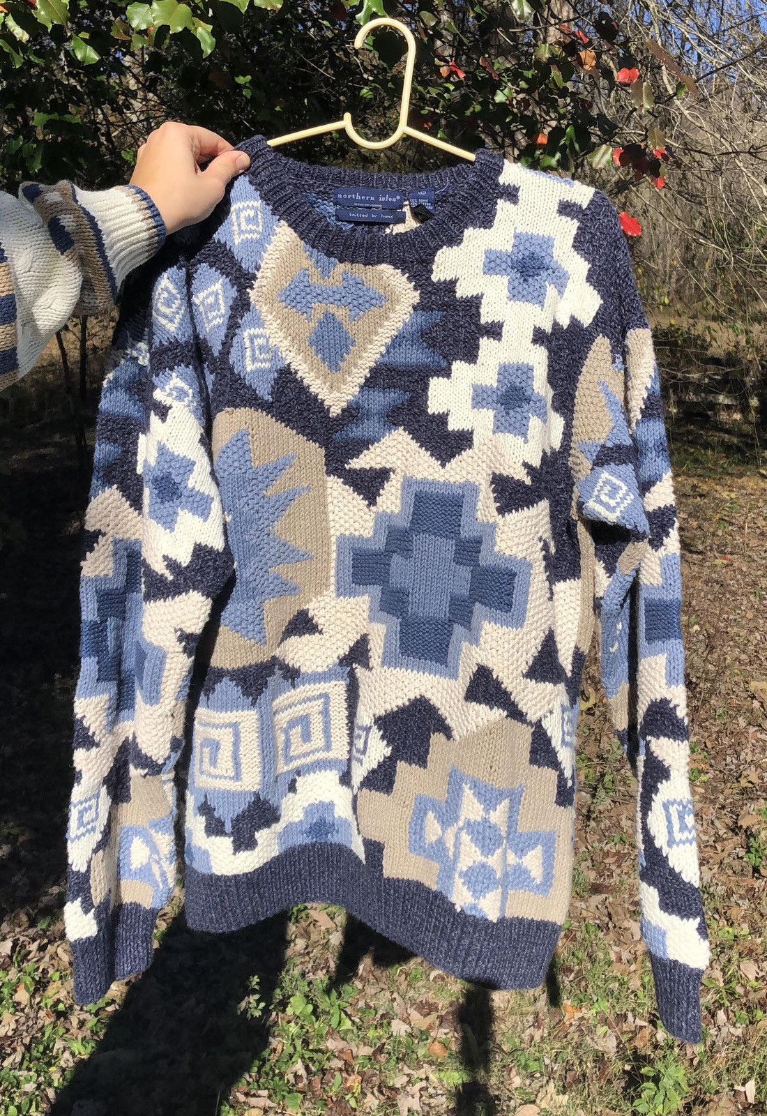 Northern Isles Vintage Northern Isles Blue and Cream Hand-Knitted sweater Size L / US 10 / IT 46 - 1 Thumbnail