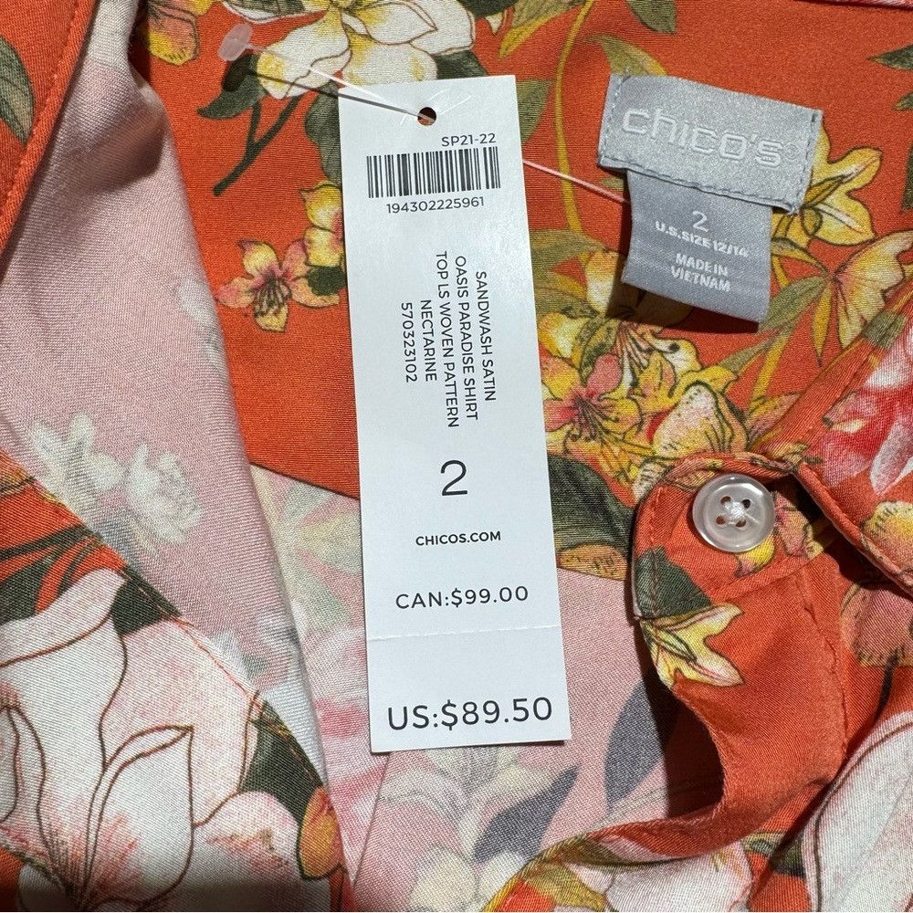 Chicos NWT New Chico's Sandwashed Satin Floral Print Shirt Size 2 Size L / US 10 / IT 46 - 7 Thumbnail