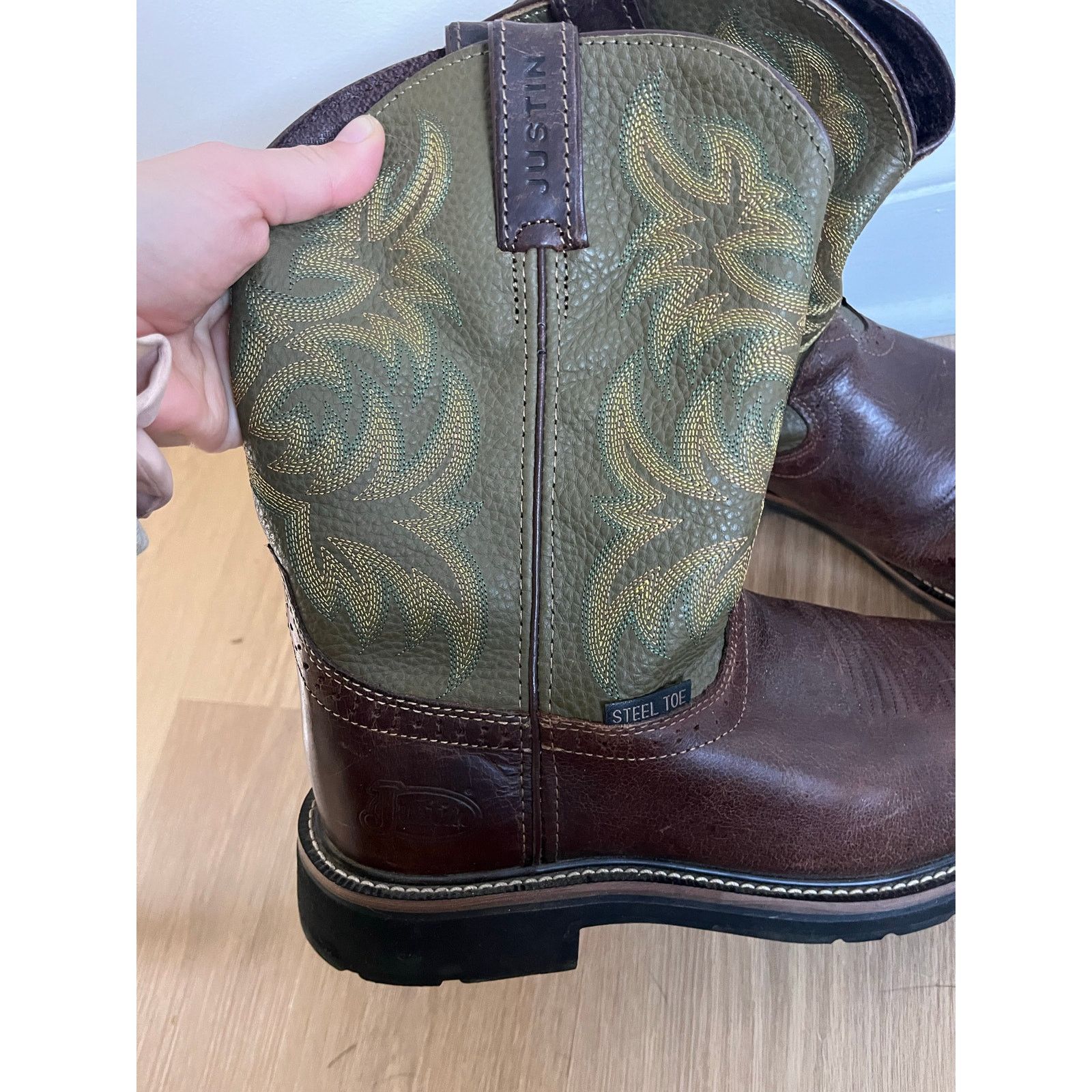 Justin Justin Men's Brown &Green Steel Toe Leather . Size 10.5 EE Size US 10.5 / EU 43-44 - 4 Thumbnail