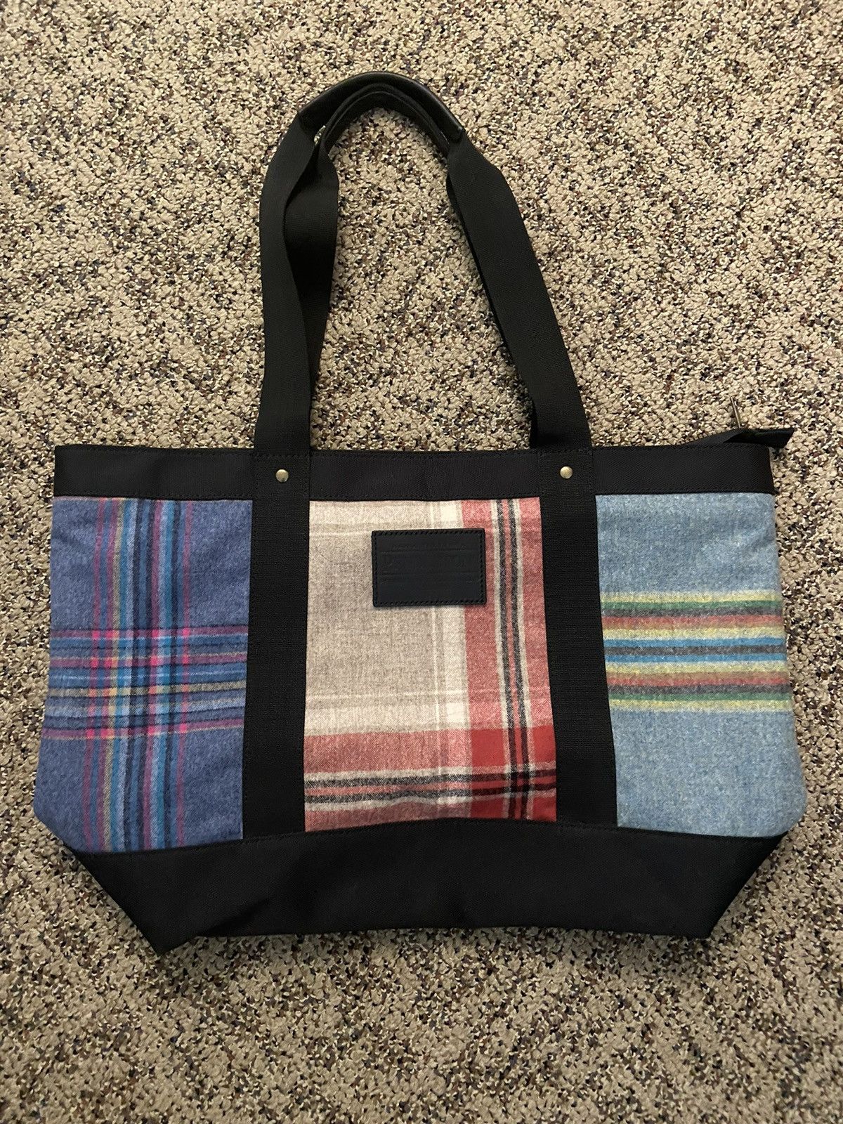 Pendleton Patchwork Leather Trim Tote Bag with Zip Closure