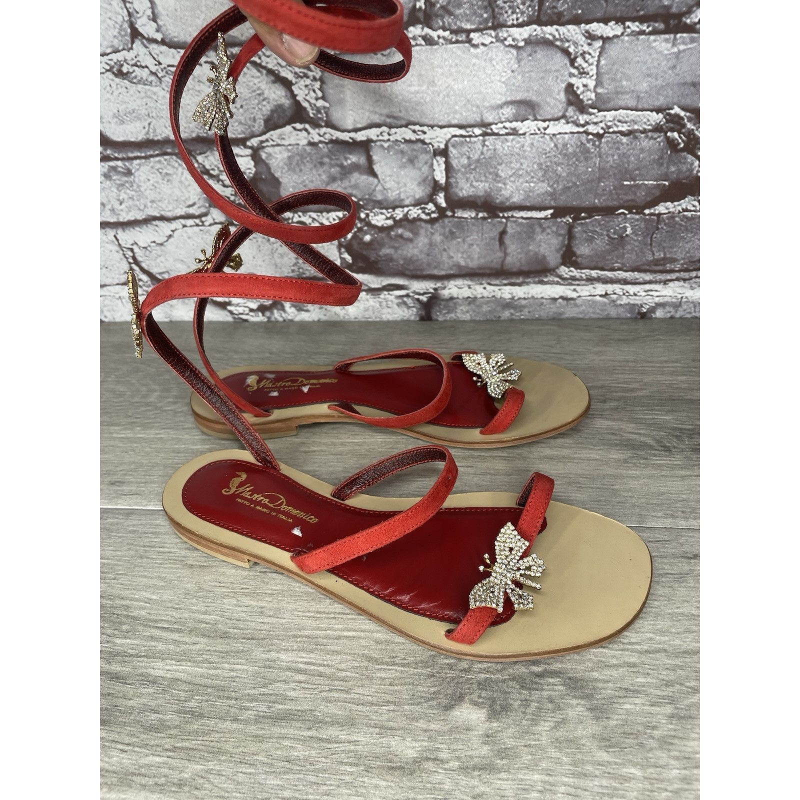 Domenico Spano Mastro Domenico Red Leather Butterfly Rhinestone Wrap Around Size US 7.5 / IT 37.5 - 15 Thumbnail