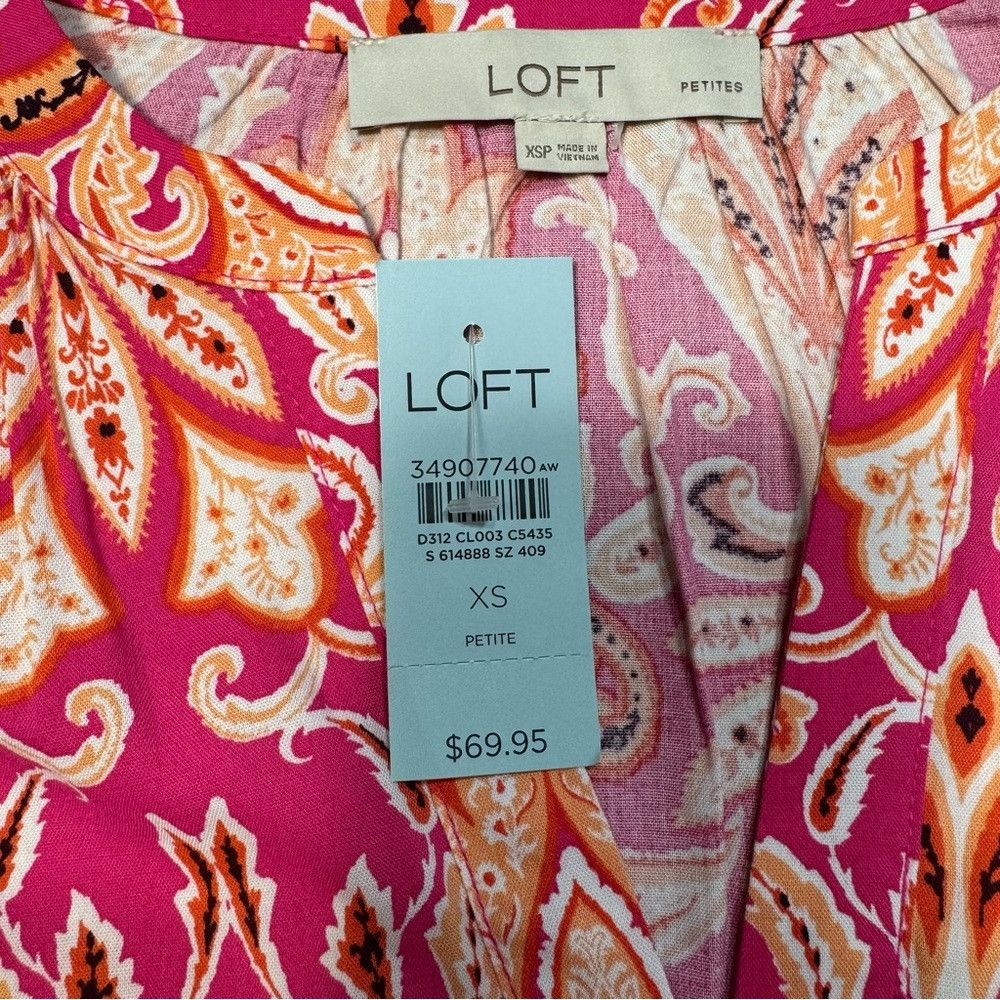 Loft NWT New LOFT Paisley Smocked Cuff V-Neck Cotton Blend Blous Size XS / US 0-2 / IT 36-38 - 7 Thumbnail