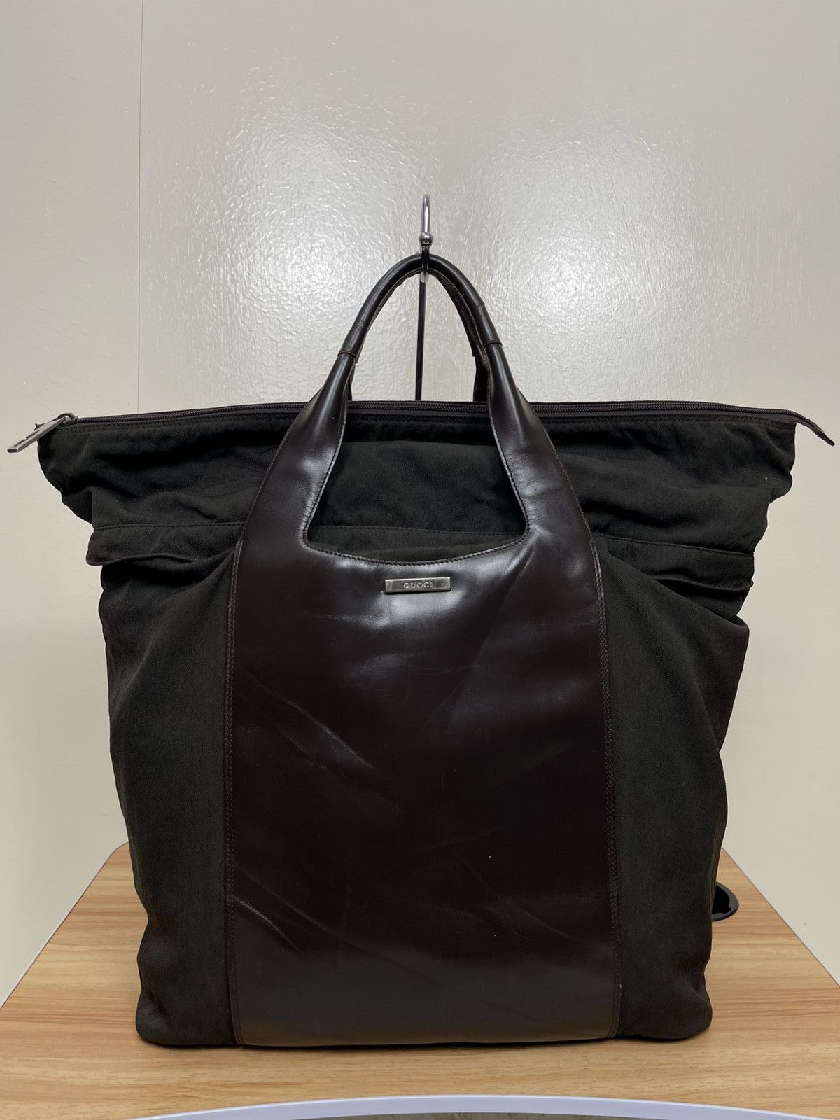 Tote Bag Leather Canvas Brown, Men's