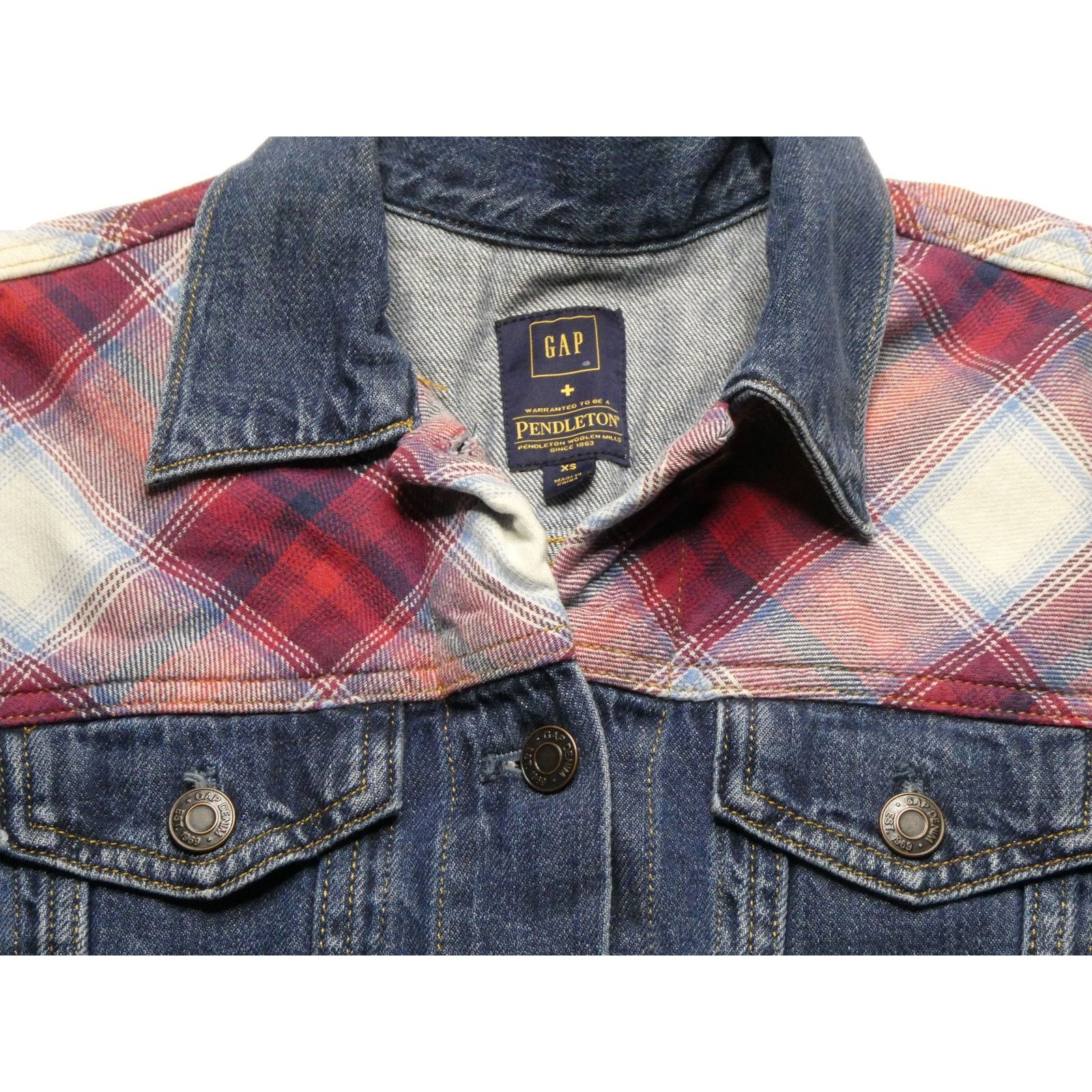 Pendleton GAP x PENDLETON Women's Denim Blue Jean Jacket Red Plaid XS Size XS / US 0-2 / IT 36-38 - 3 Thumbnail