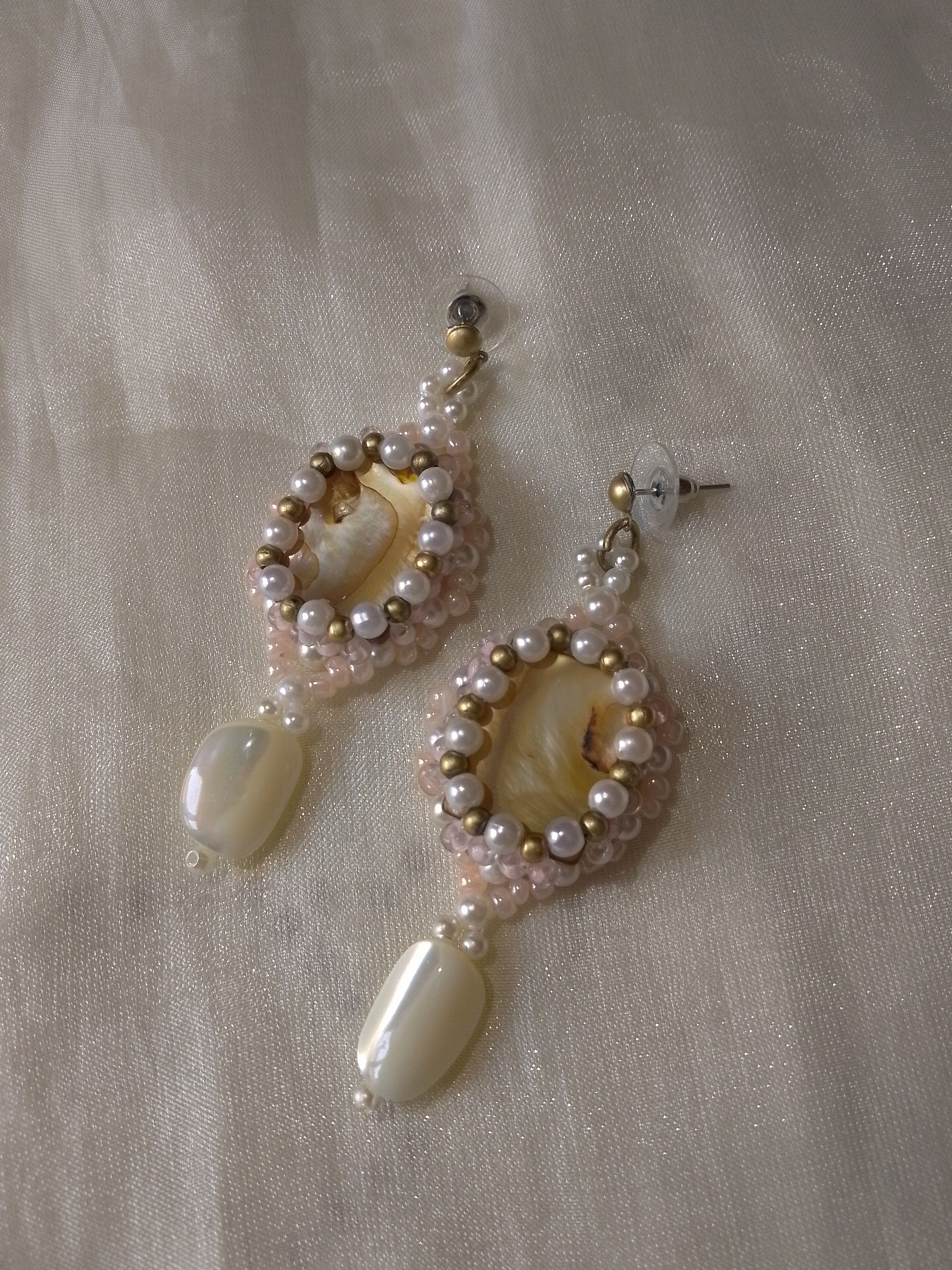 Handmade Precious Earrings Mother of Pearl Gemstones Antique '70 Size ONE SIZE - 2 Thumbnail