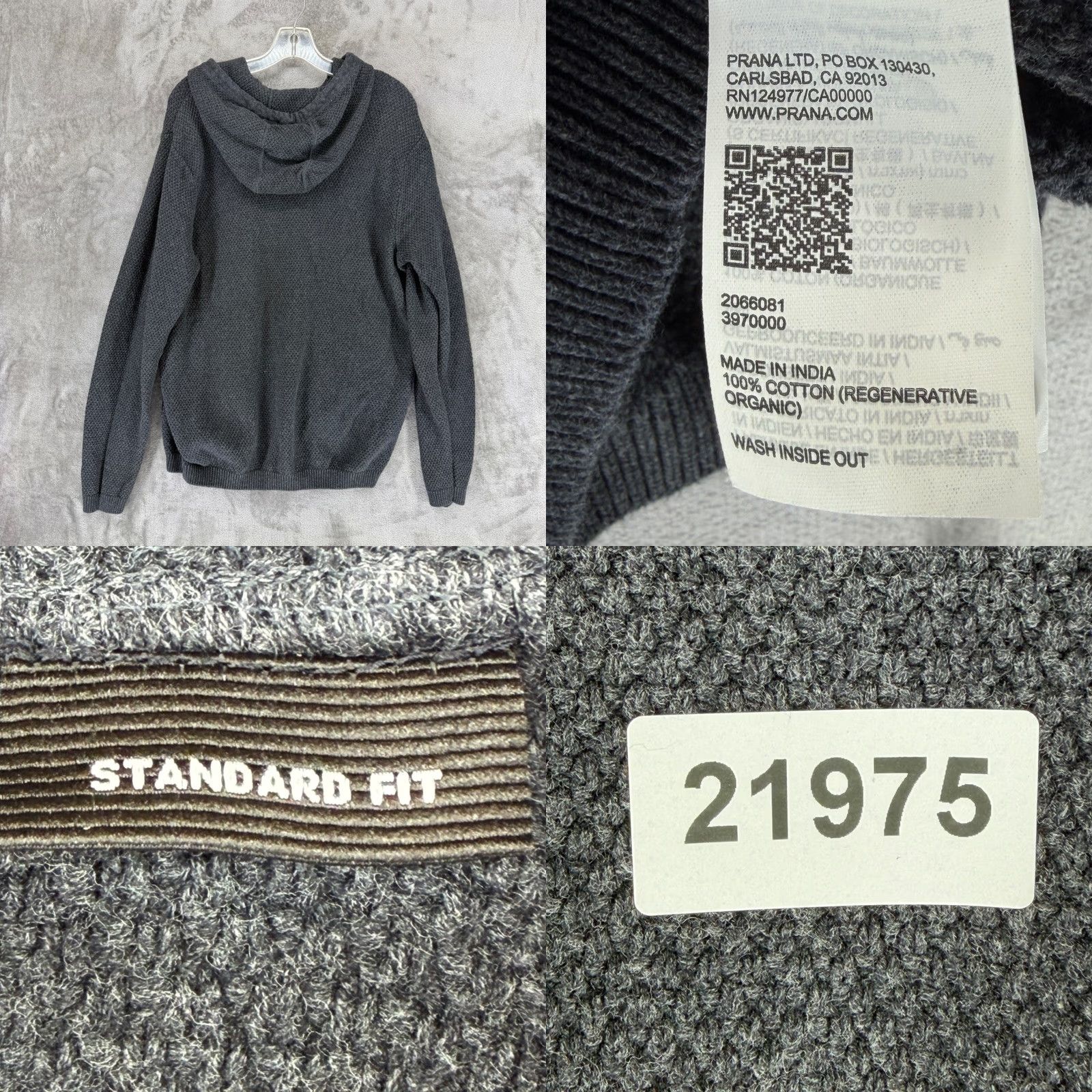 Prana Prana Mens Gray Organic Cotton Textured Hooded Henley Sweater L Size US L / EU 52-54 / 3 - 8 Thumbnail